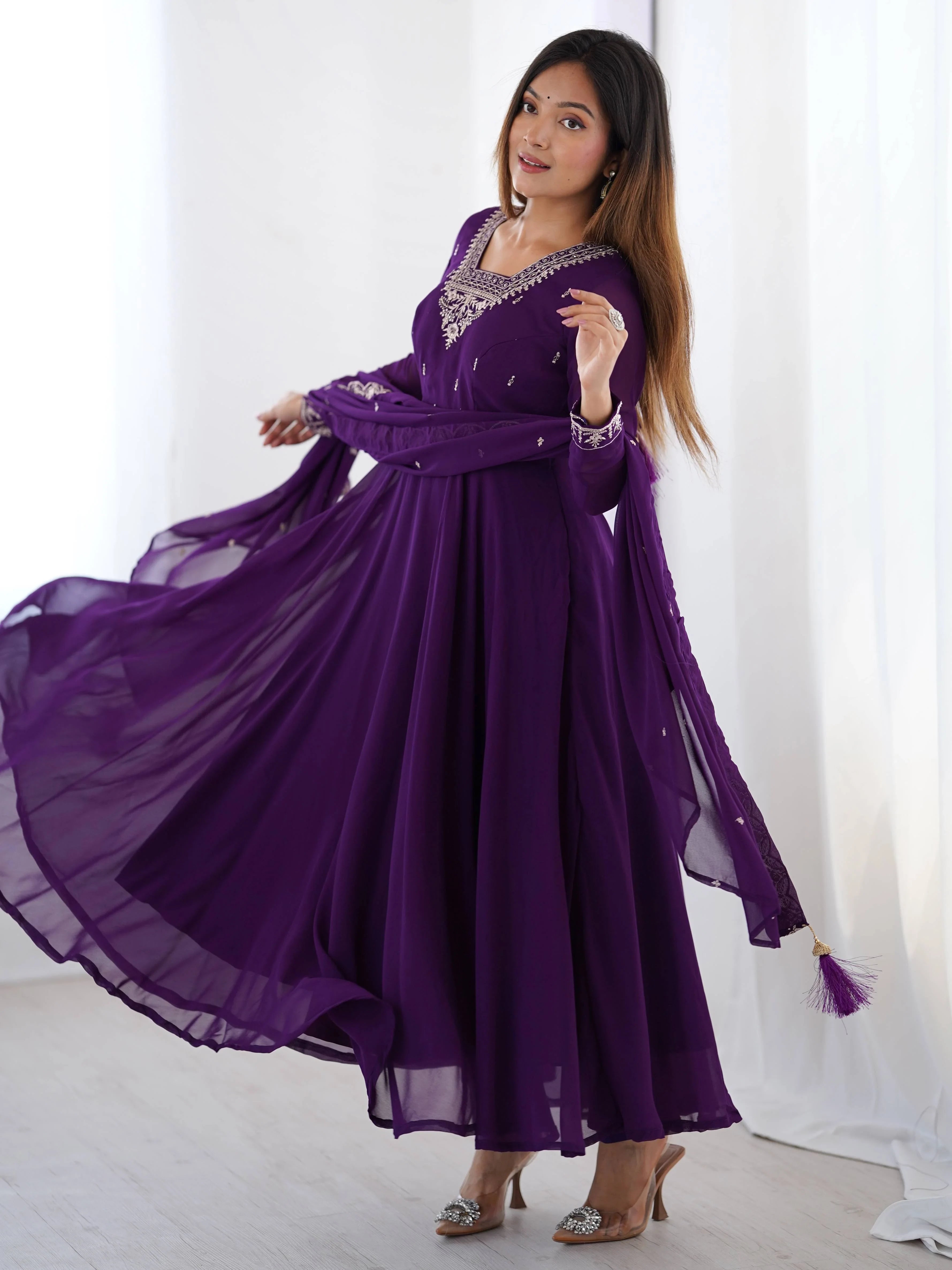 Purple Beads Work Georgette Festive Wear Anarkali Suit for Women