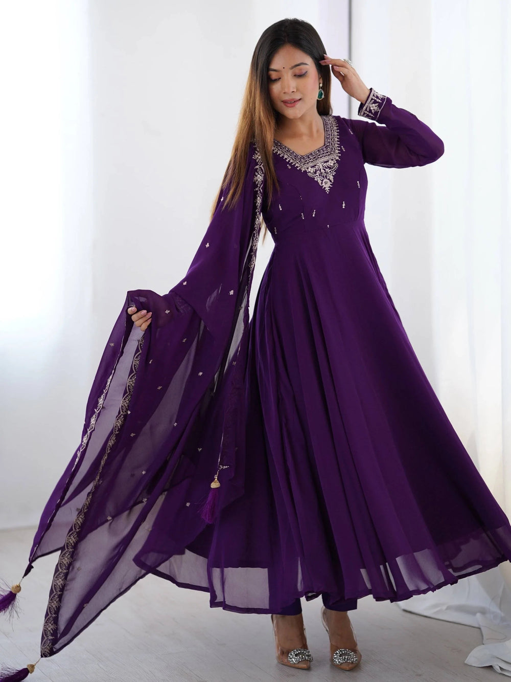 Purple Beads Work Georgette Festive Wear Anarkali Suit for Women