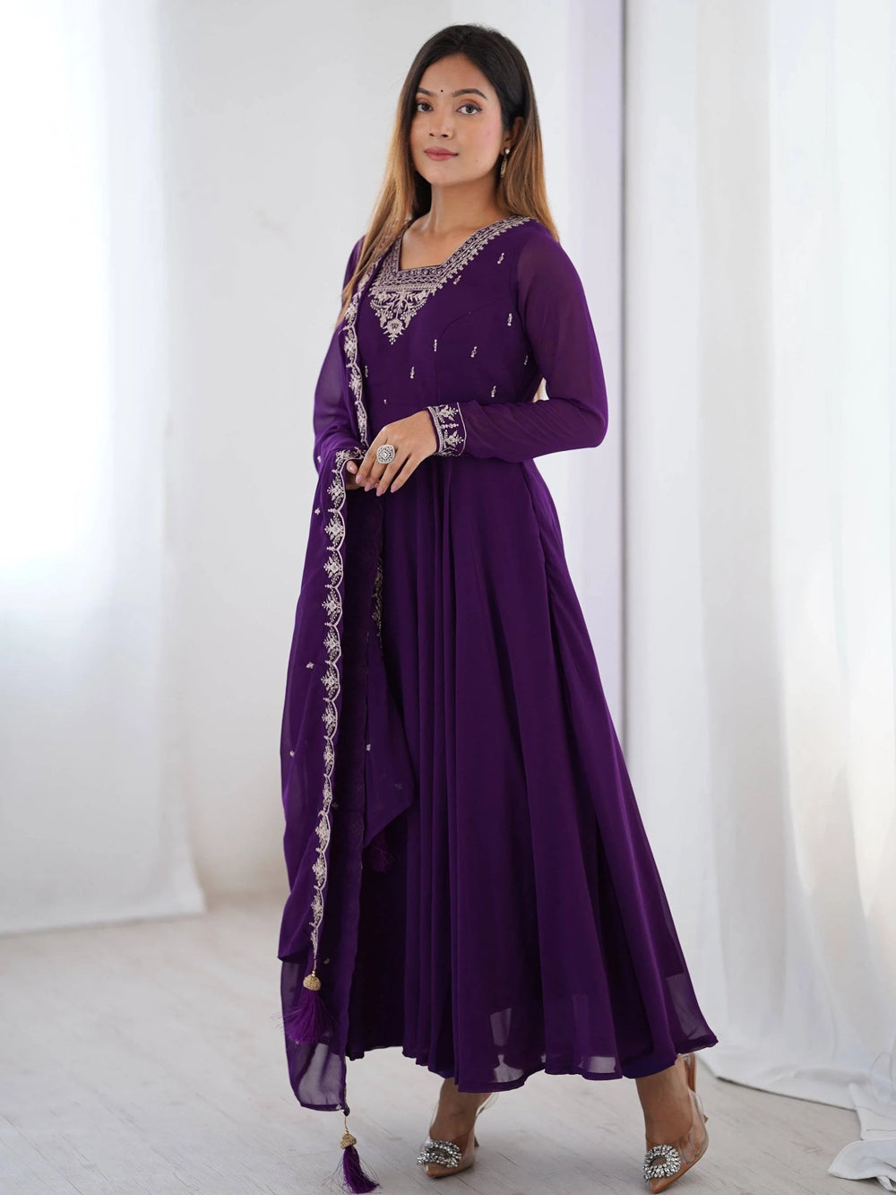 Purple Beads Work Georgette Festive Wear Anarkali Suit for Women