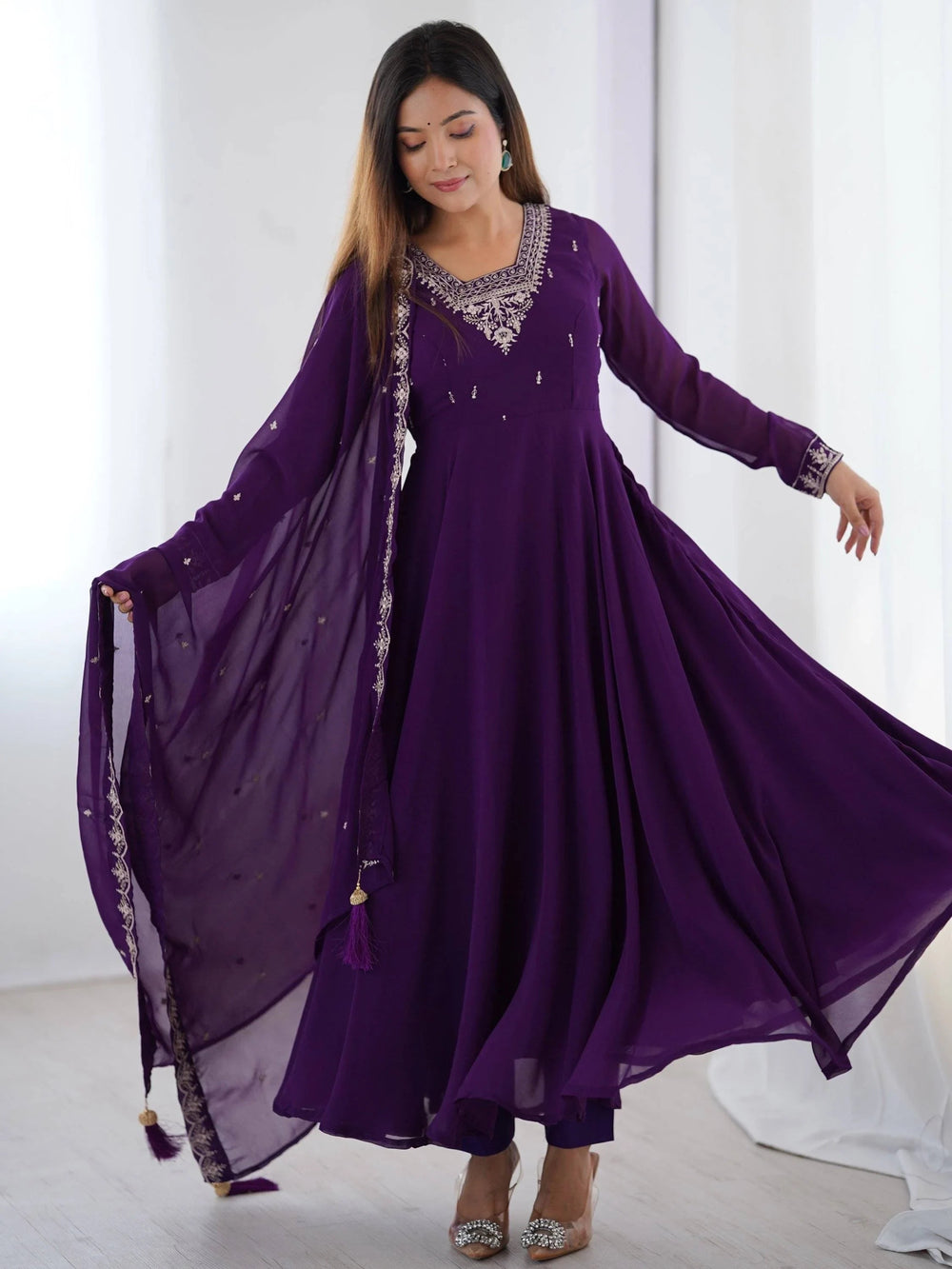 Purple Beads Work Georgette Festive Wear Anarkali Suit for Women