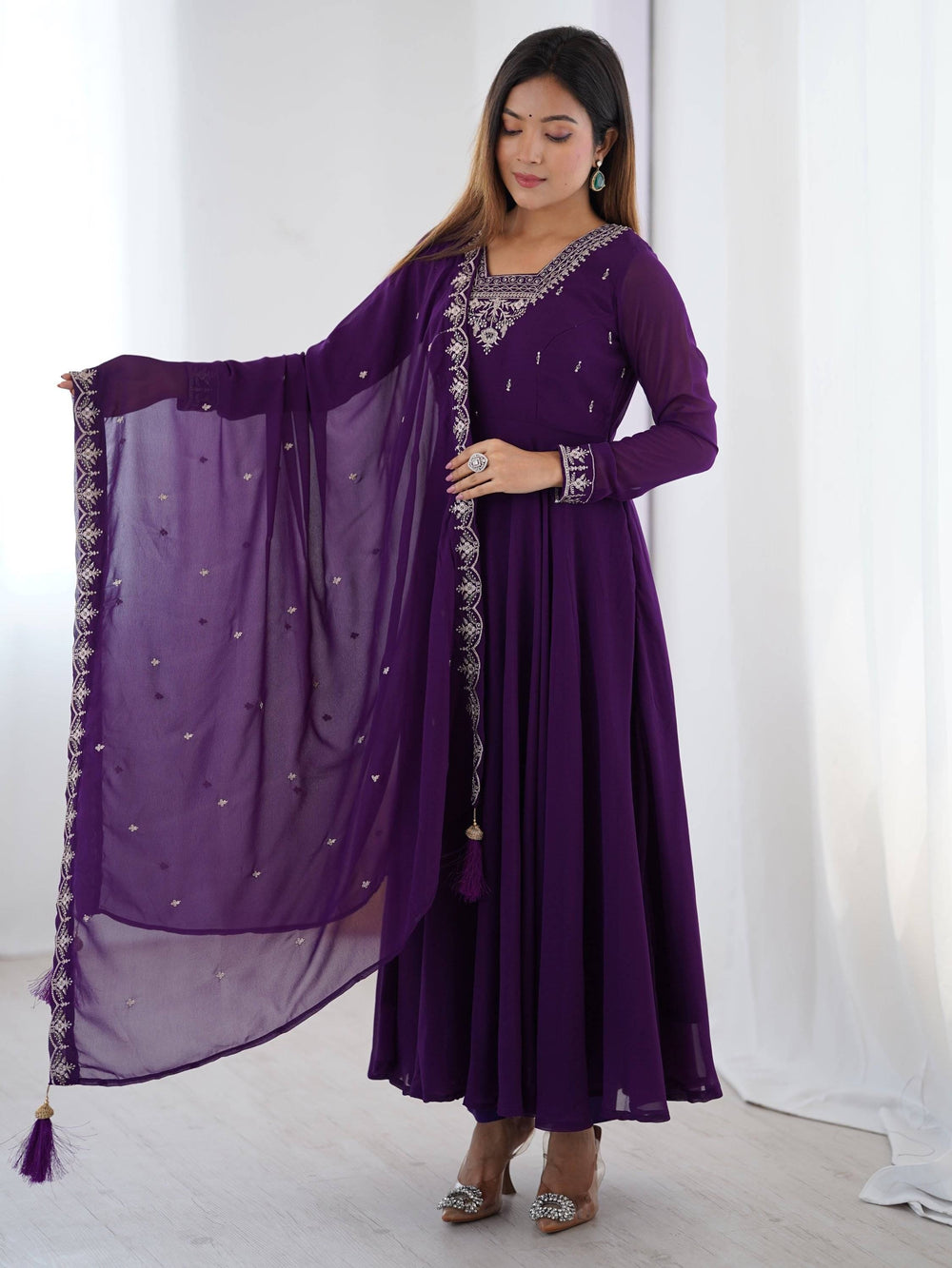 Purple Beads Work Georgette Festive Wear Anarkali Suit for Women