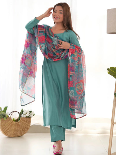 Sea Green Attractive Cotton Event Wear Straight Kurta With Pant