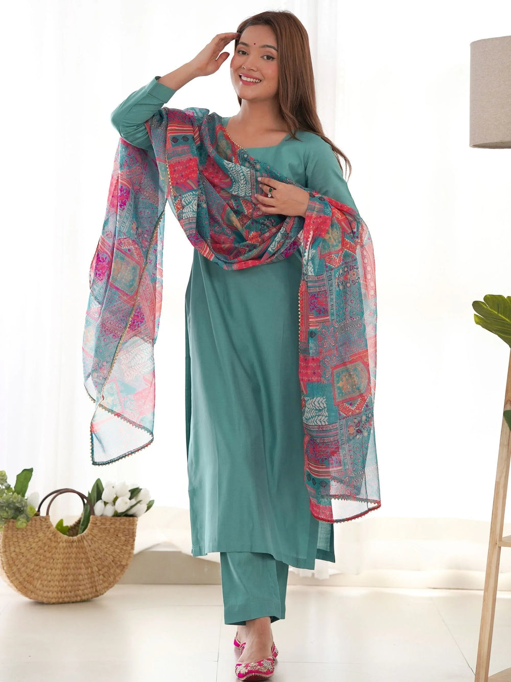 Sea Green Attractive Cotton Event Wear Straight Kurta With Pant