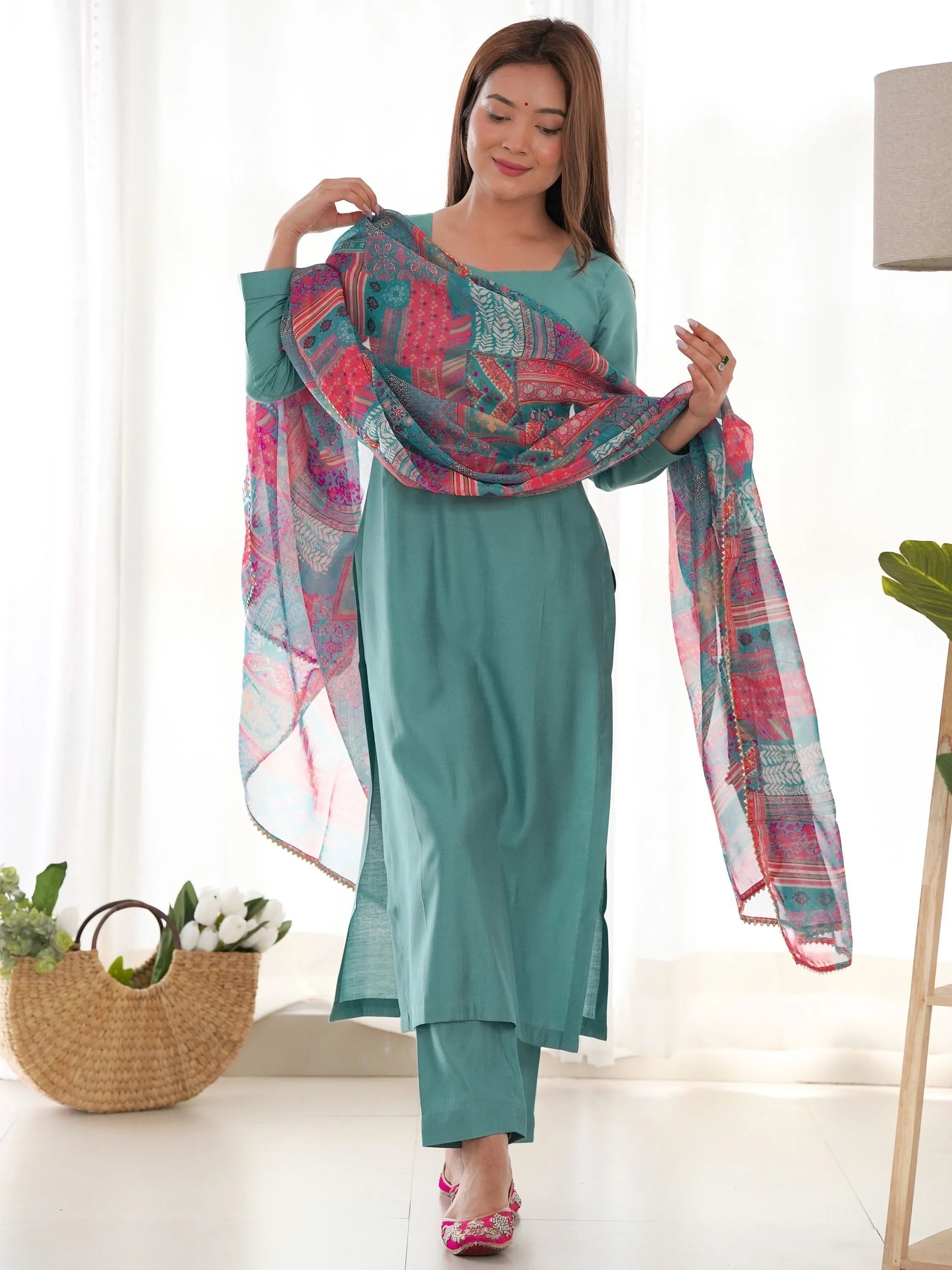 Sea Green Attractive Cotton Event Wear Straight Kurta With Pant