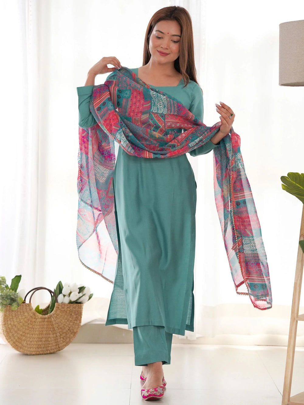 Sea Green Attractive Cotton Event Wear Straight Kurta With Pant