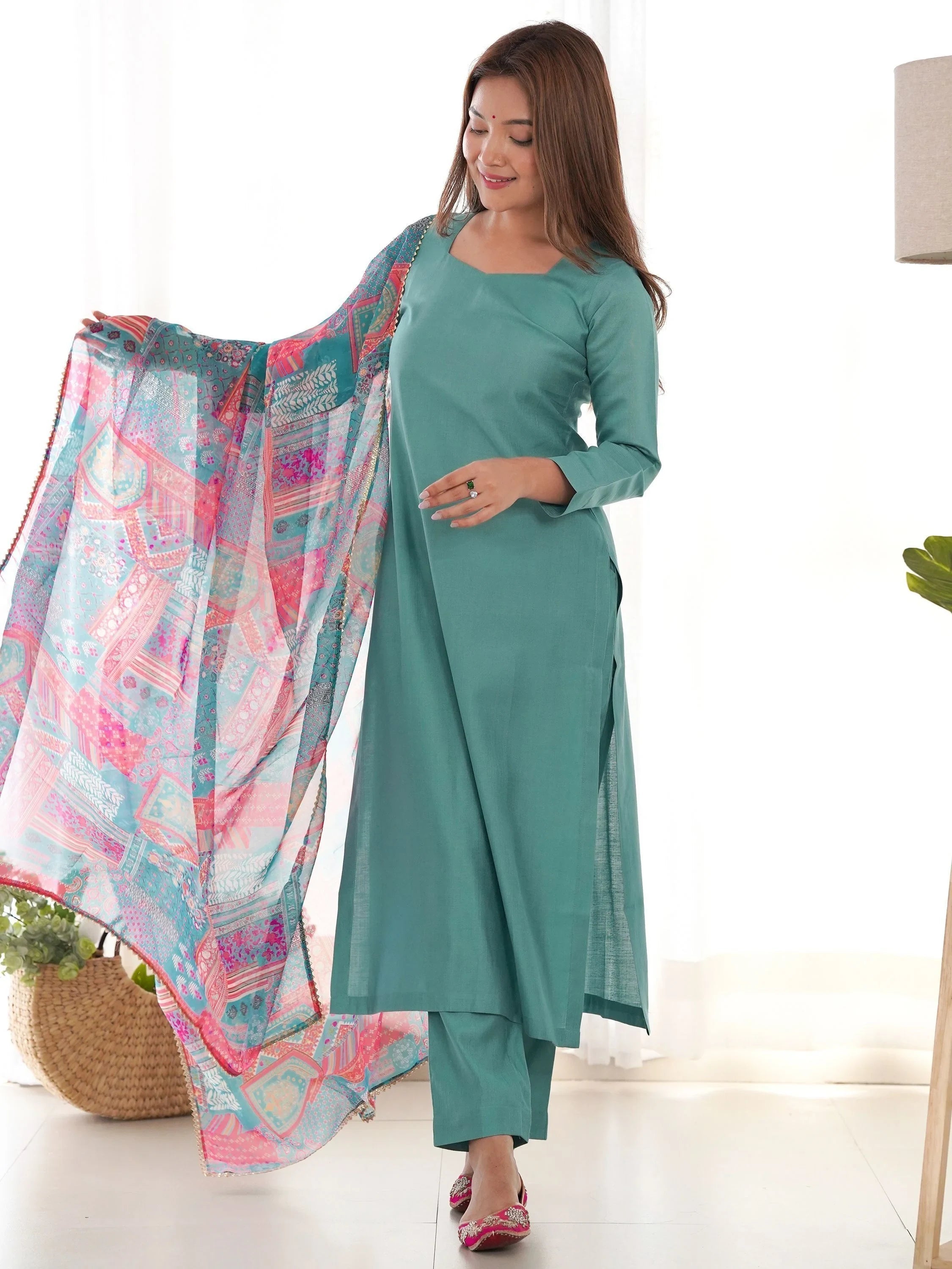 Sea Green Attractive Cotton Event Wear Straight Kurta With Pant
