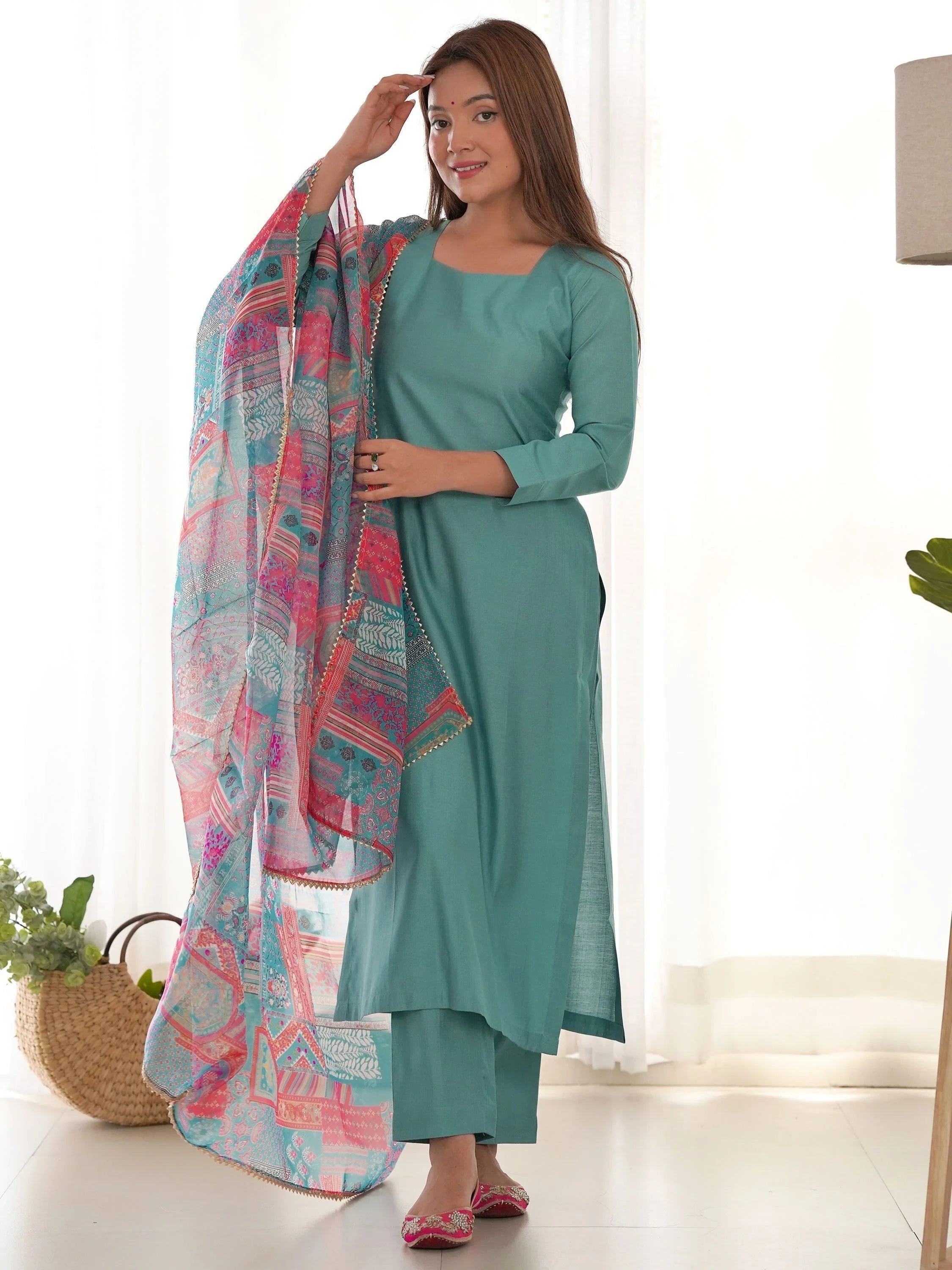 Sea Green Attractive Cotton Event Wear Straight Kurta With Pant