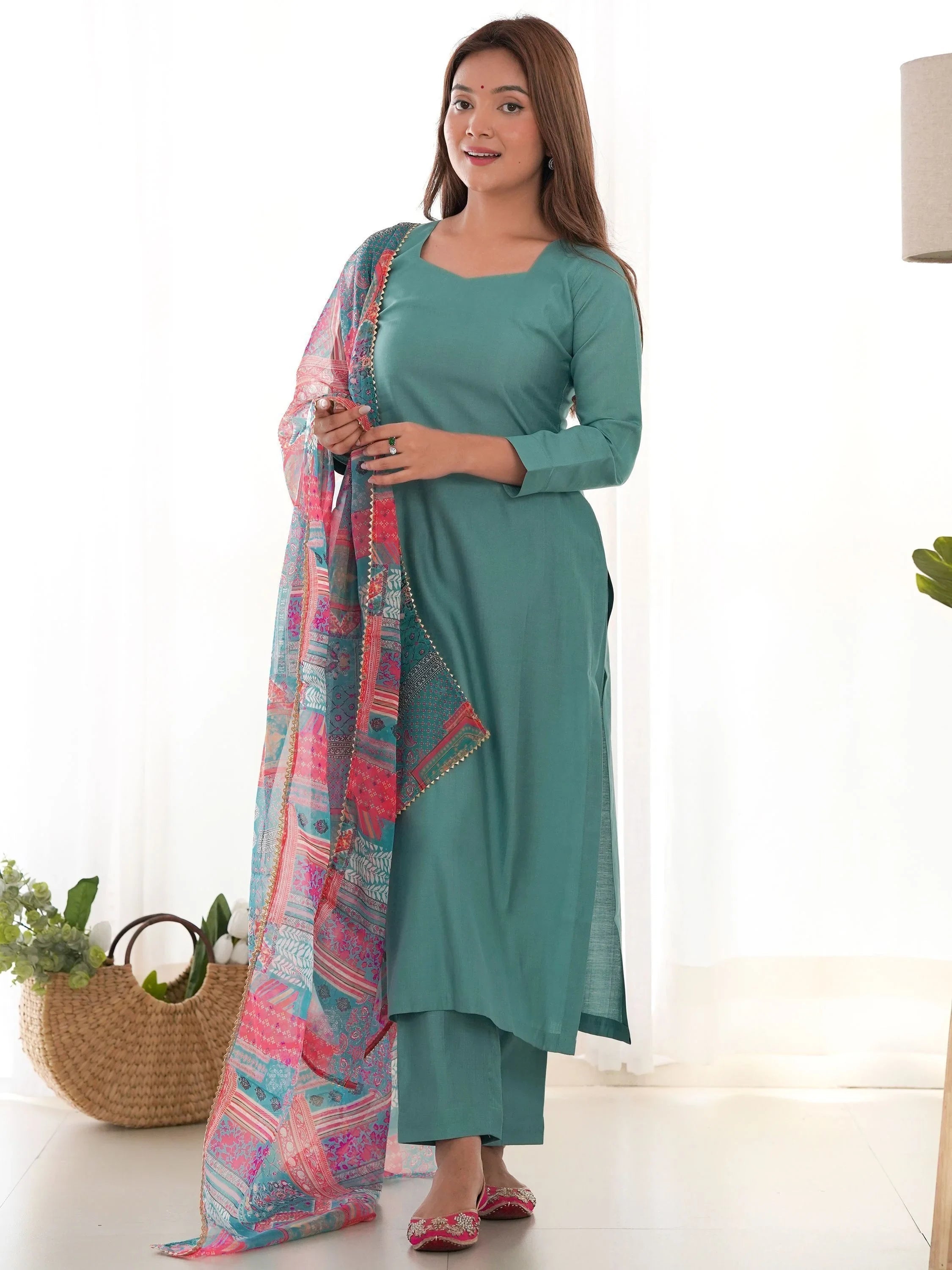 Sea Green Attractive Cotton Event Wear Straight Kurta With Pant