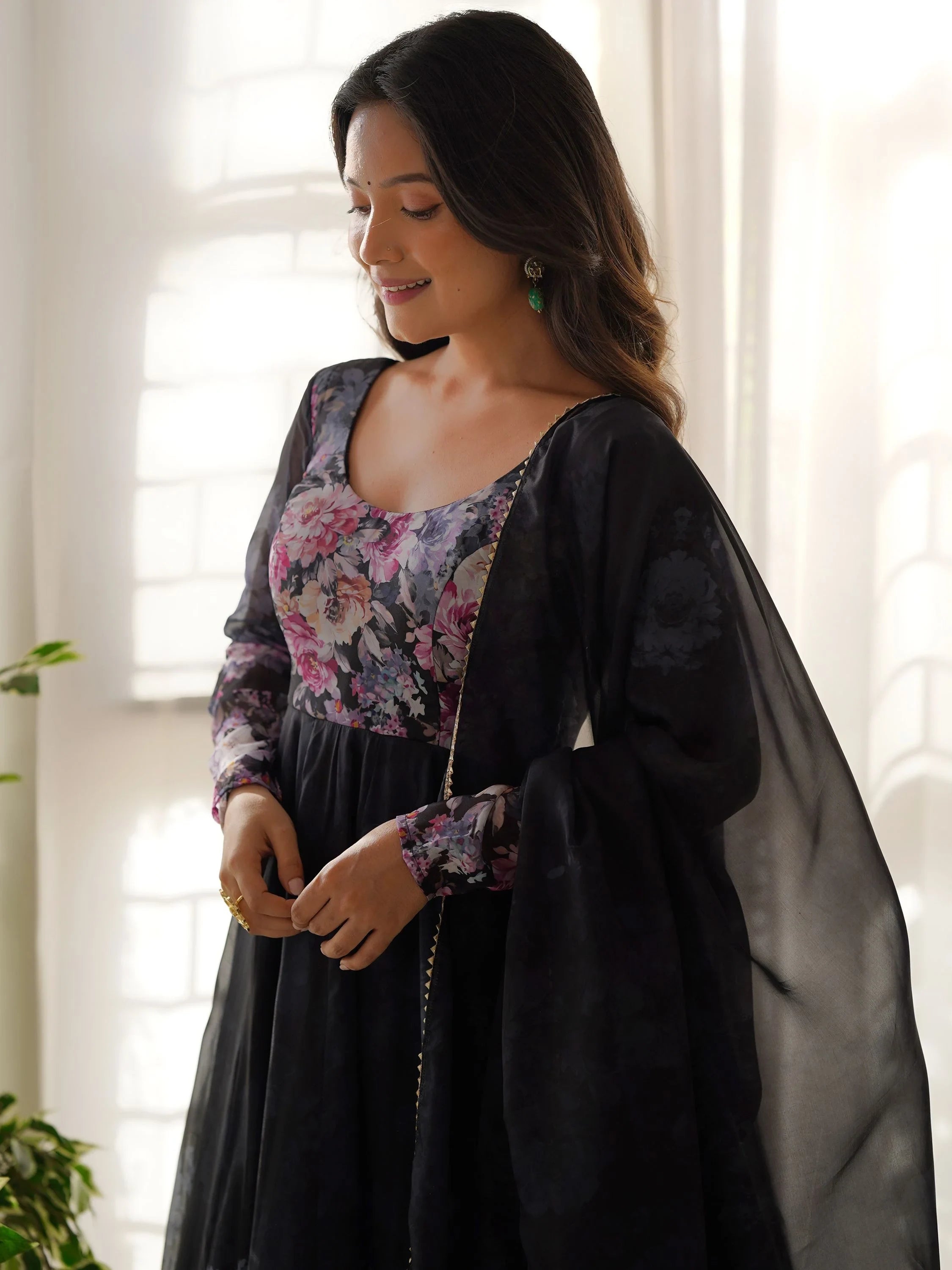 Black Floral Printed Organza Anarkali Suit Pant With Dupatta for Women
