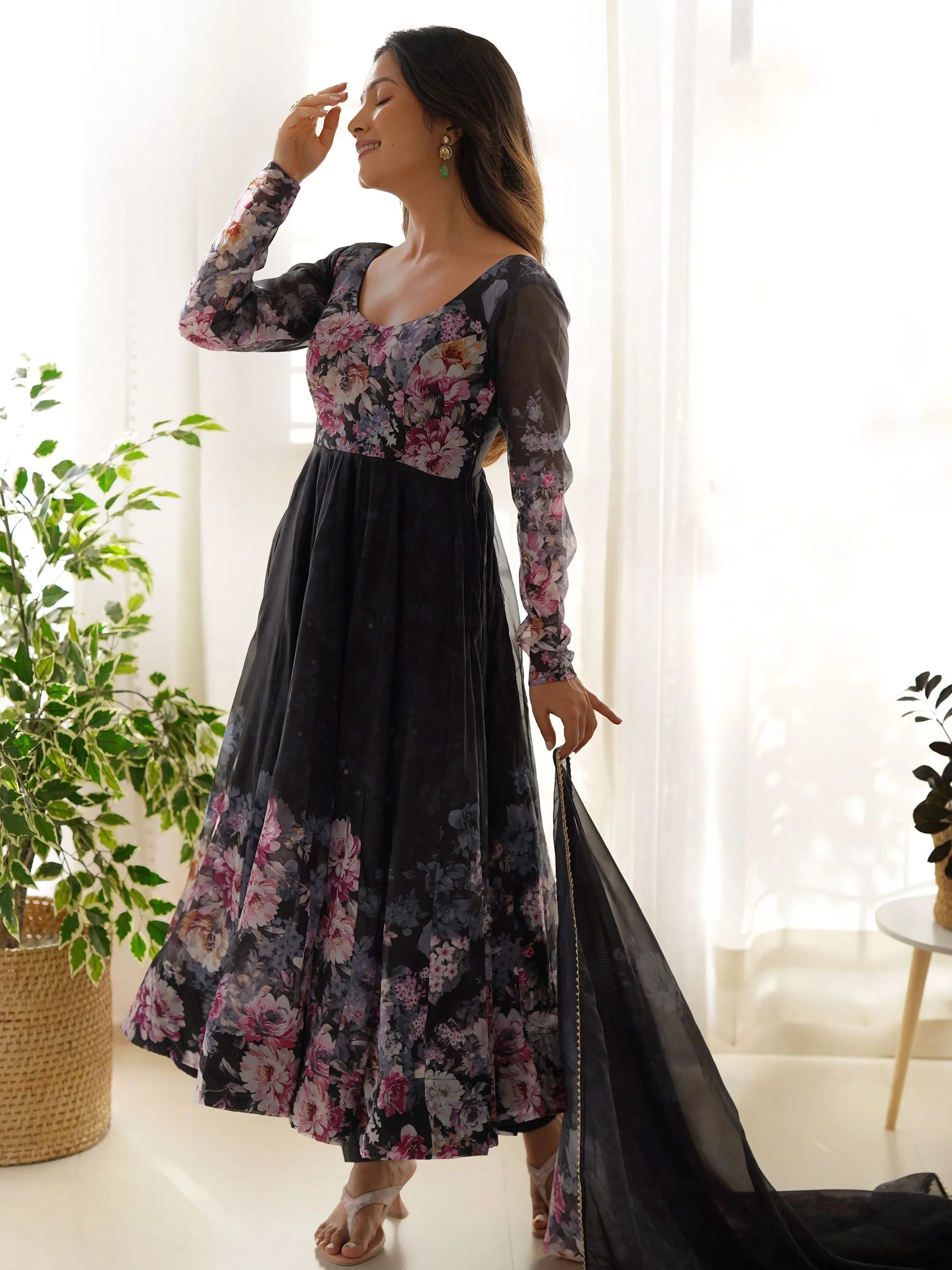 Black Floral Printed Organza Anarkali Suit Pant With Dupatta for Women