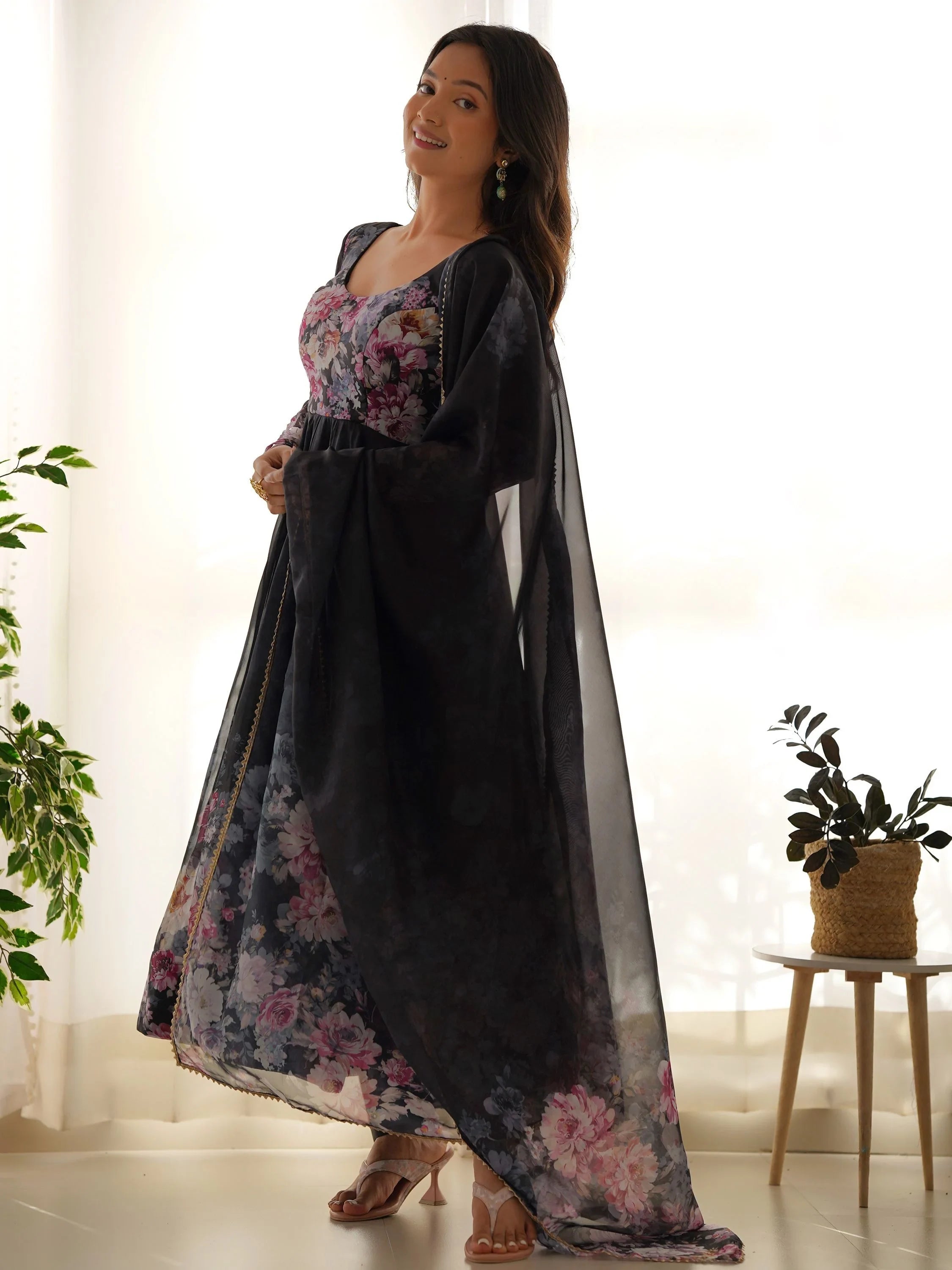 Black Floral Printed Organza Anarkali Suit Pant With Dupatta for Women