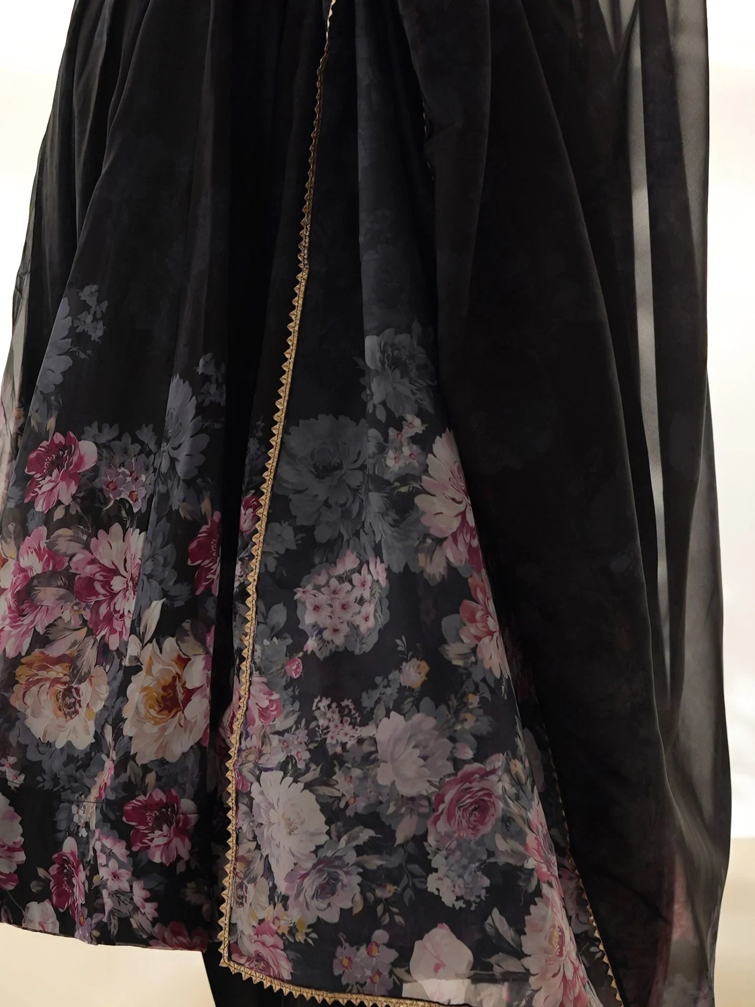 Black Floral Printed Organza Anarkali Suit Pant With Dupatta for Women