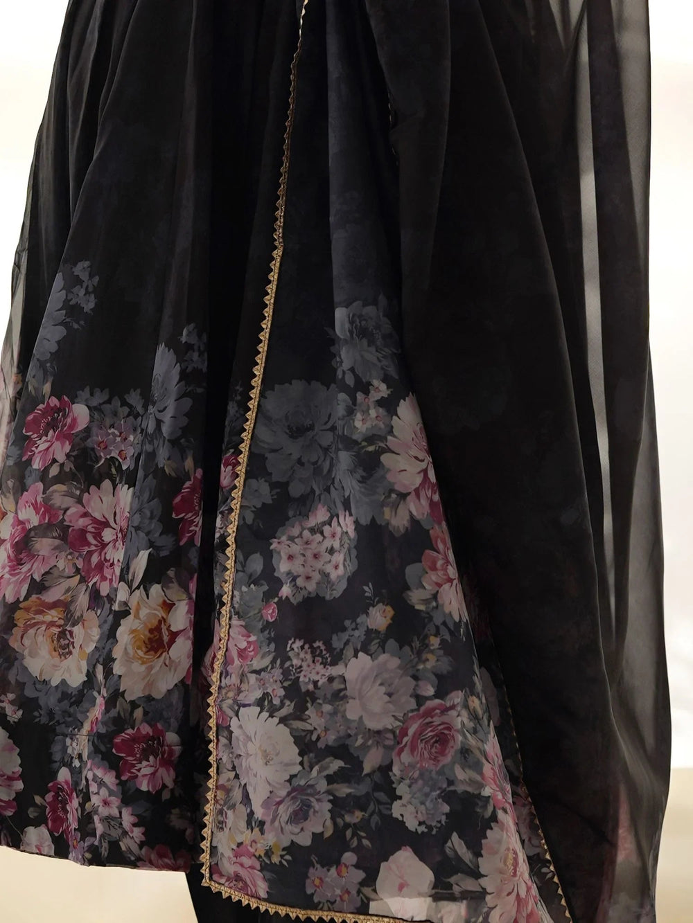 Black Floral Printed Organza Anarkali Suit Pant With Dupatta for Women
