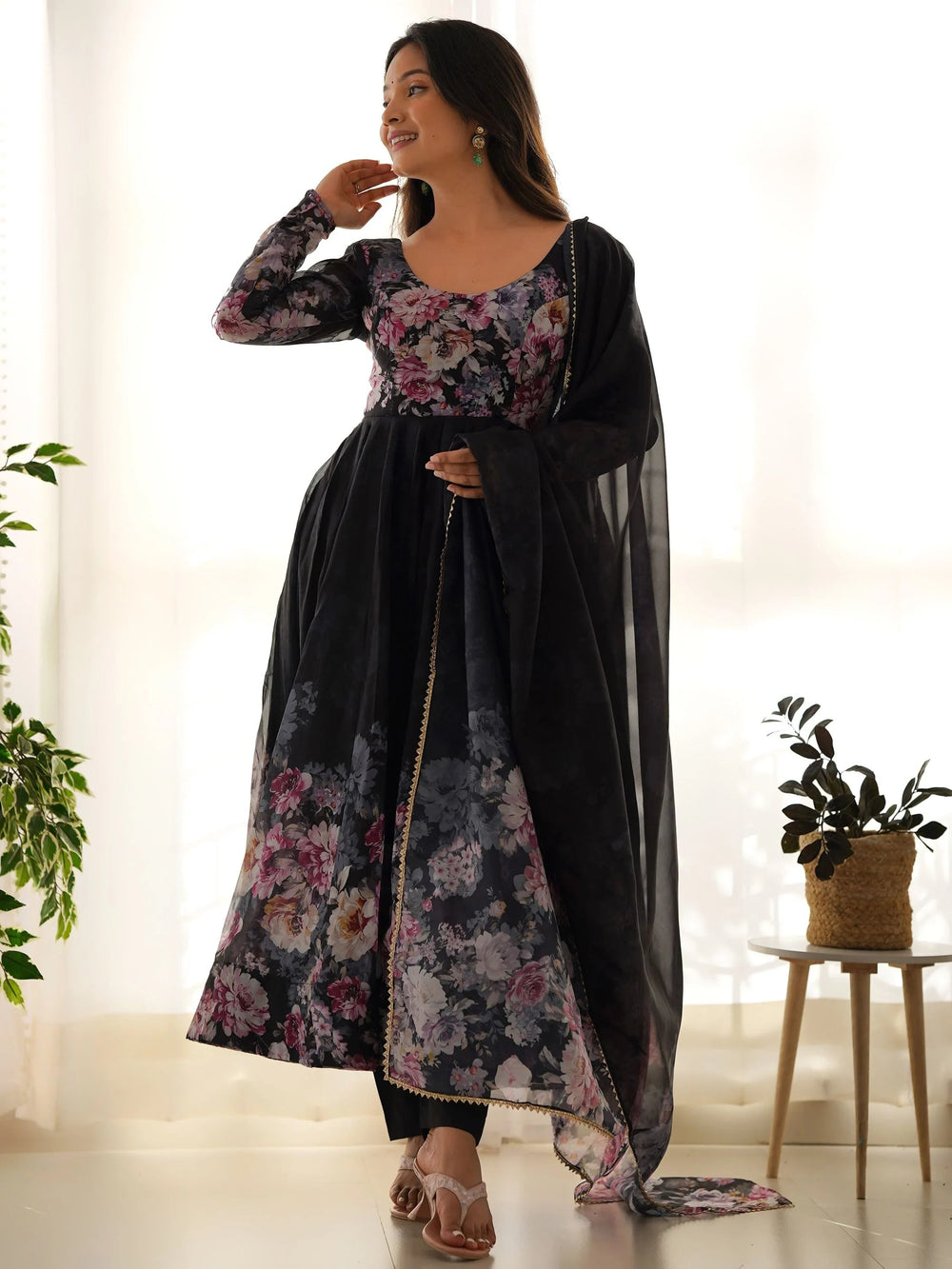 Black Floral Printed Organza Anarkali Suit Pant With Dupatta for Women