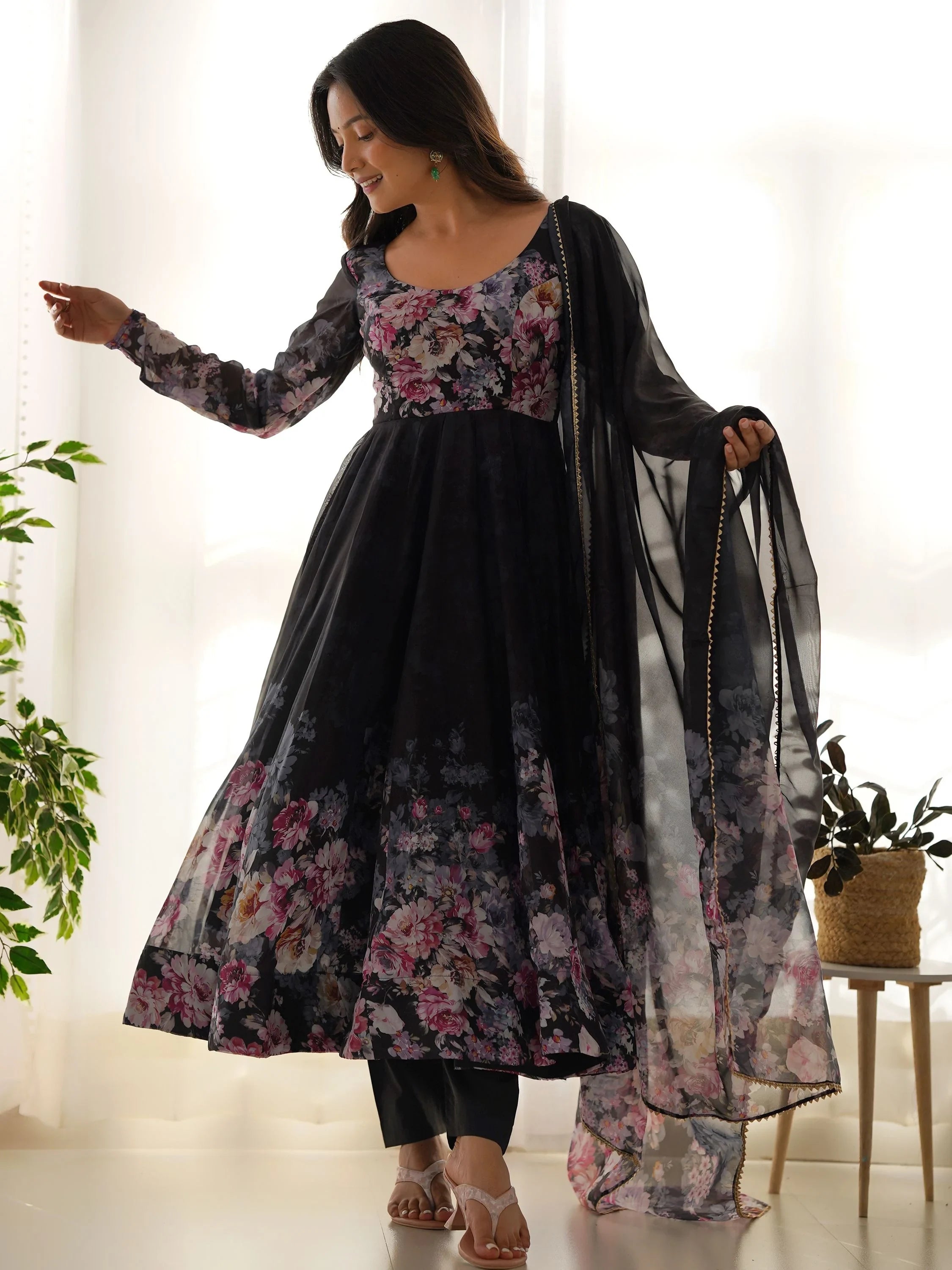 Black Floral Printed Organza Anarkali Suit Pant With Dupatta for Women