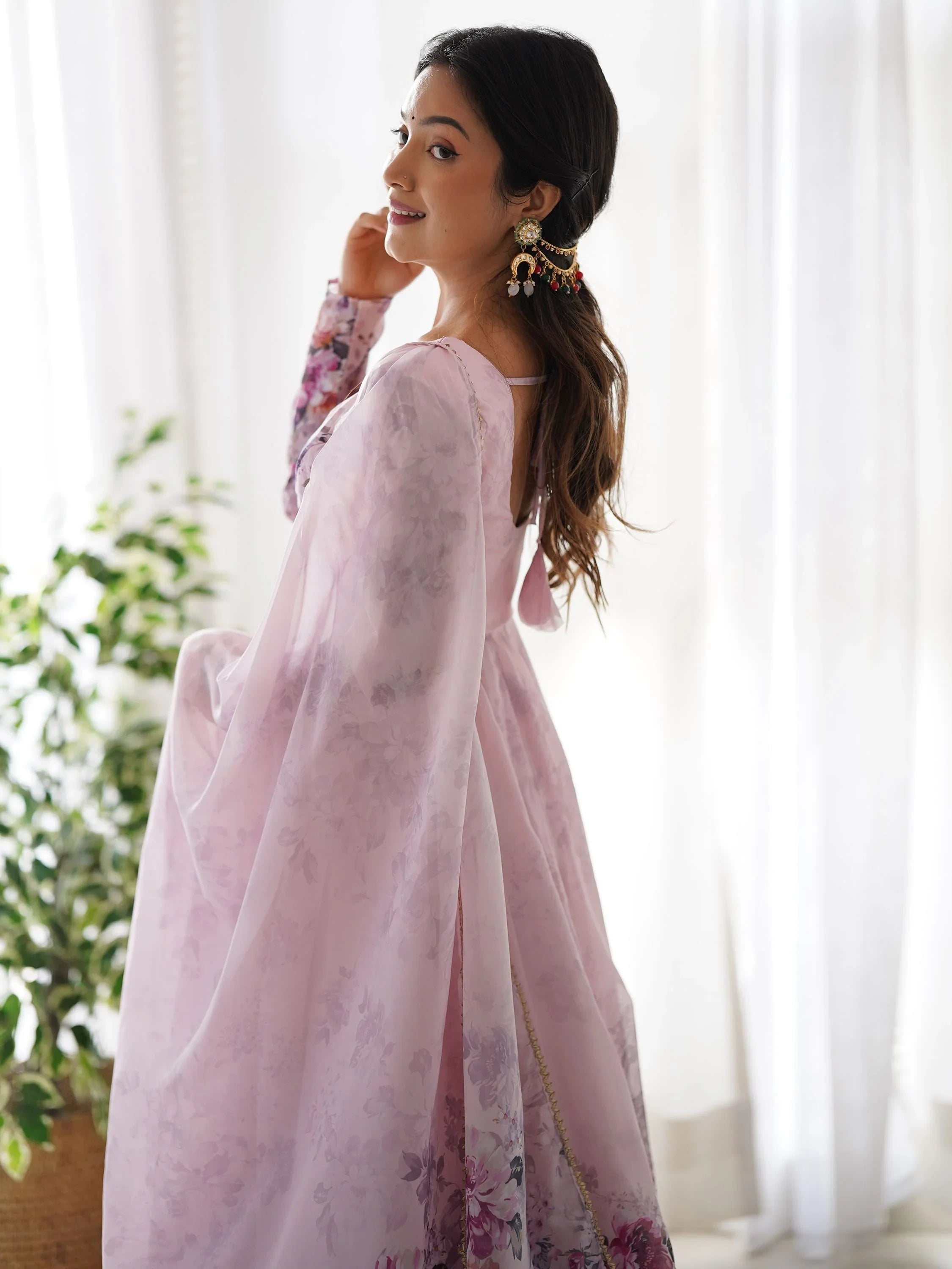 Pink Floral Printed Organza Anarkali Suit Pant With Dupatta for Women