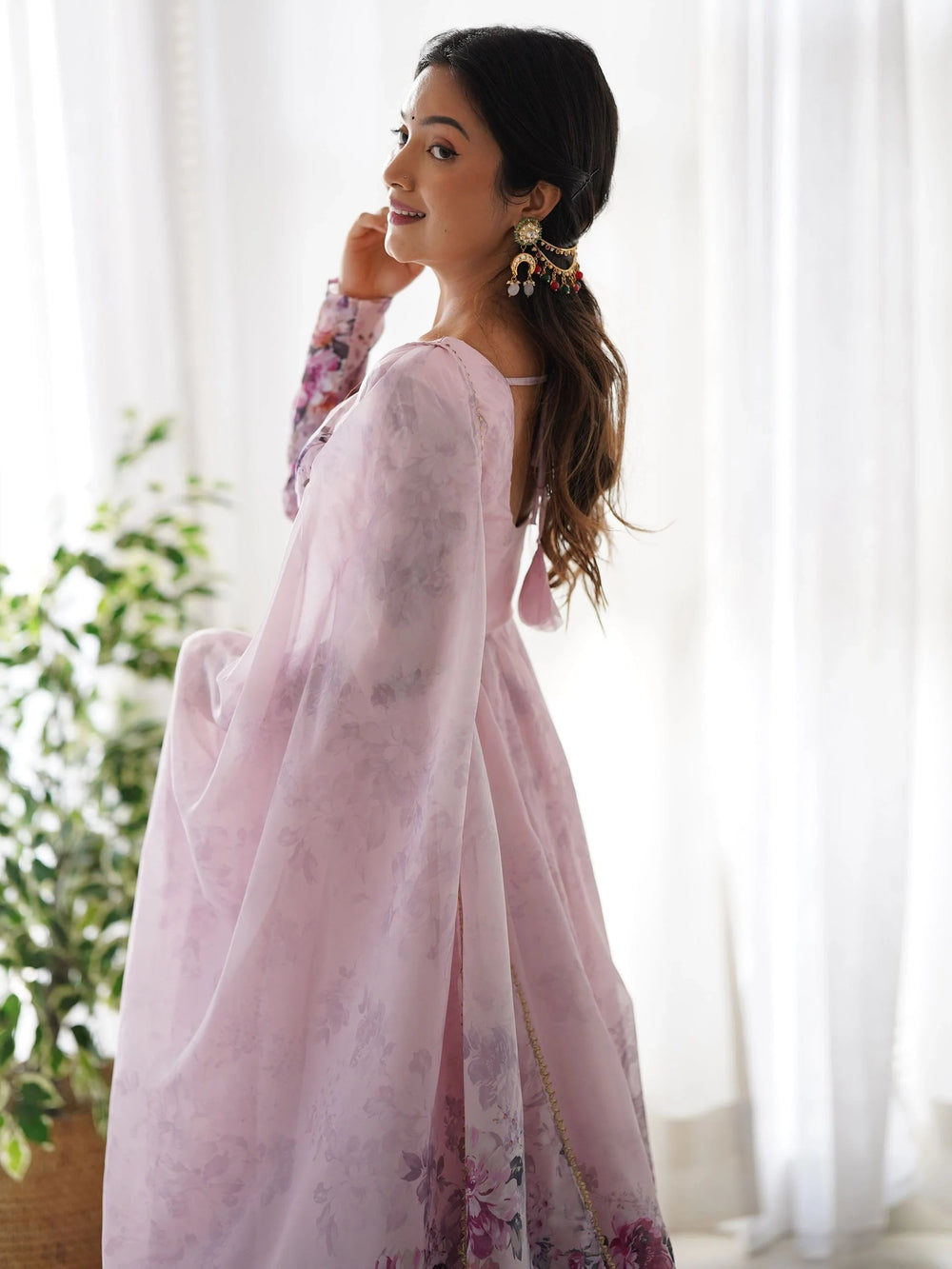 Pink Floral Printed Organza Anarkali Suit Pant With Dupatta for Women