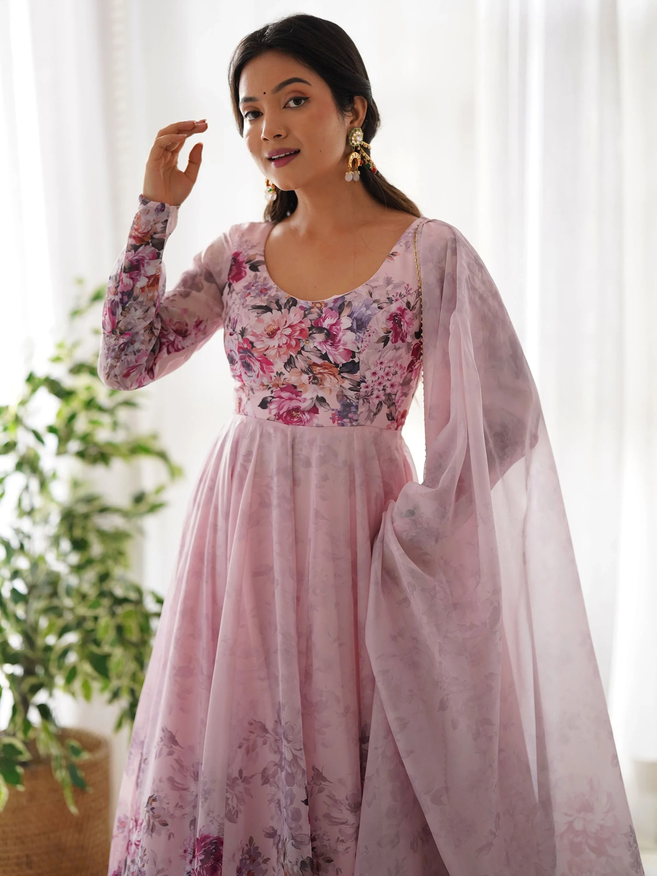 Pink Floral Printed Organza Anarkali Suit Pant With Dupatta for Women