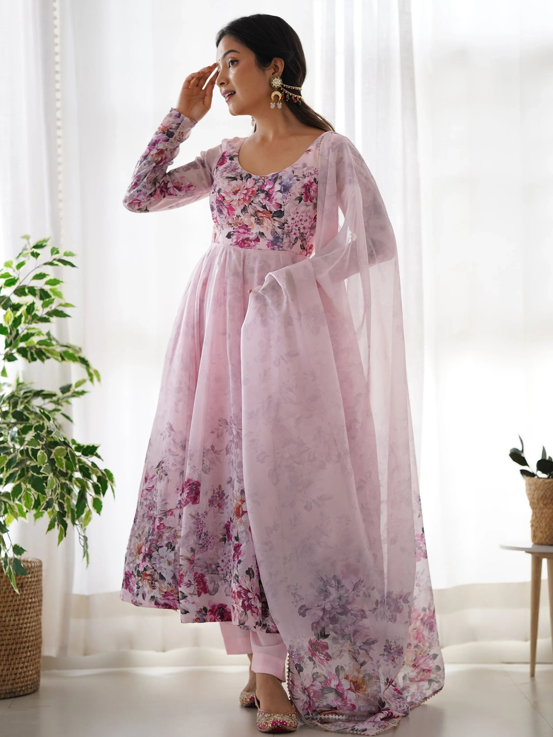 Pink Floral Printed Organza Anarkali Suit Pant With Dupatta for Women