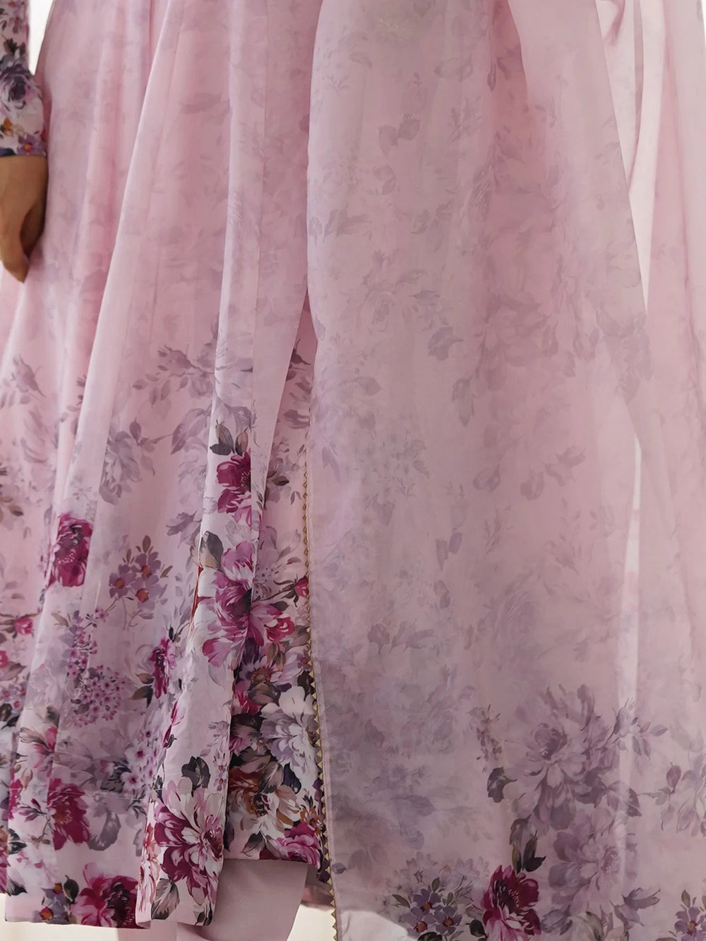 Pink Floral Printed Organza Anarkali Suit Pant With Dupatta for Women