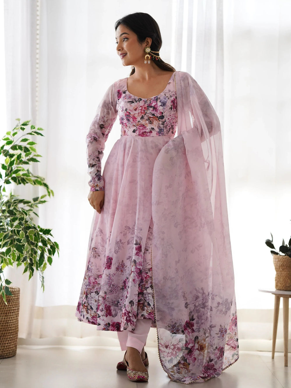 Pink Floral Printed Organza Anarkali Suit Pant With Dupatta for Women