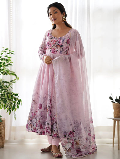Pink Floral Printed Organza Anarkali Suit Pant With Dupatta for Women