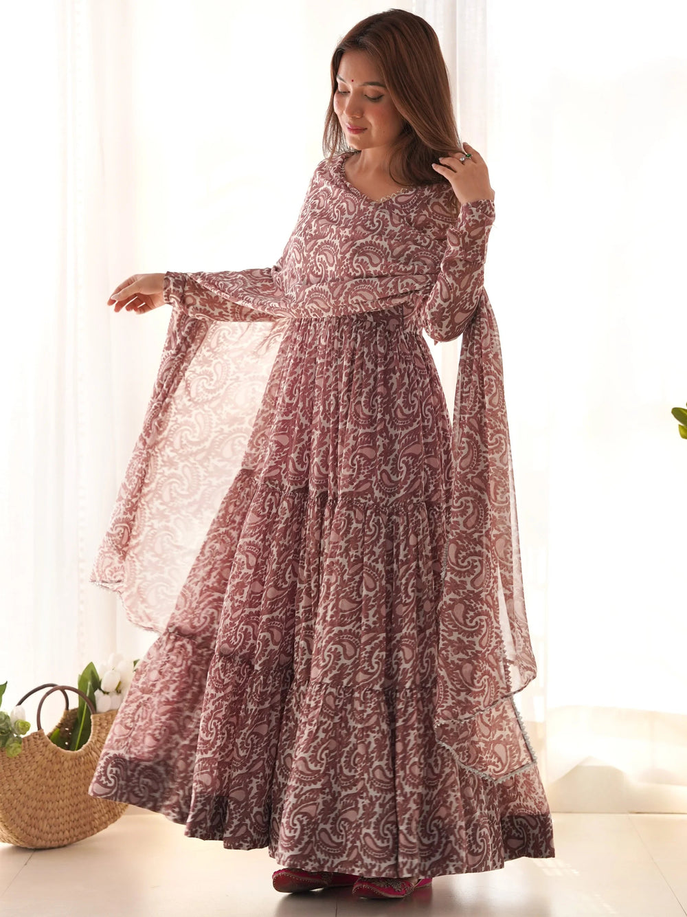 Brown Digital Printed Long Anarkali Gown With Dupatta for Women