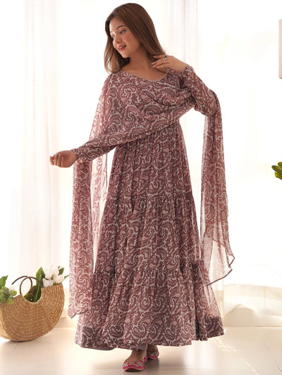 Brown Digital Printed Long Anarkali Gown With Dupatta for Women