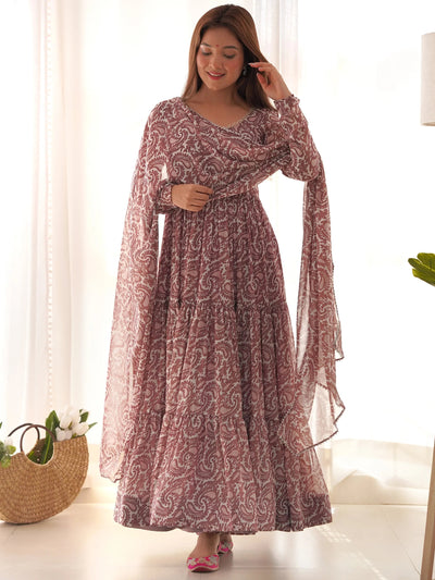 Brown Digital Printed Long Anarkali Gown With Dupatta for Women