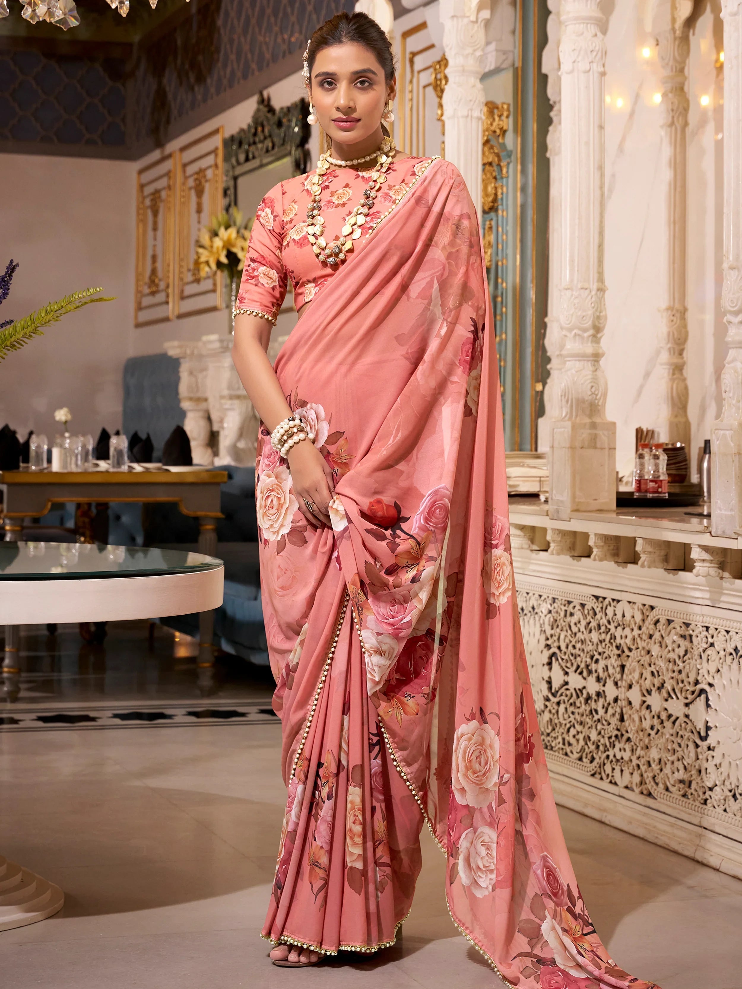 Orange Georgette Printed Casual Wear Saree