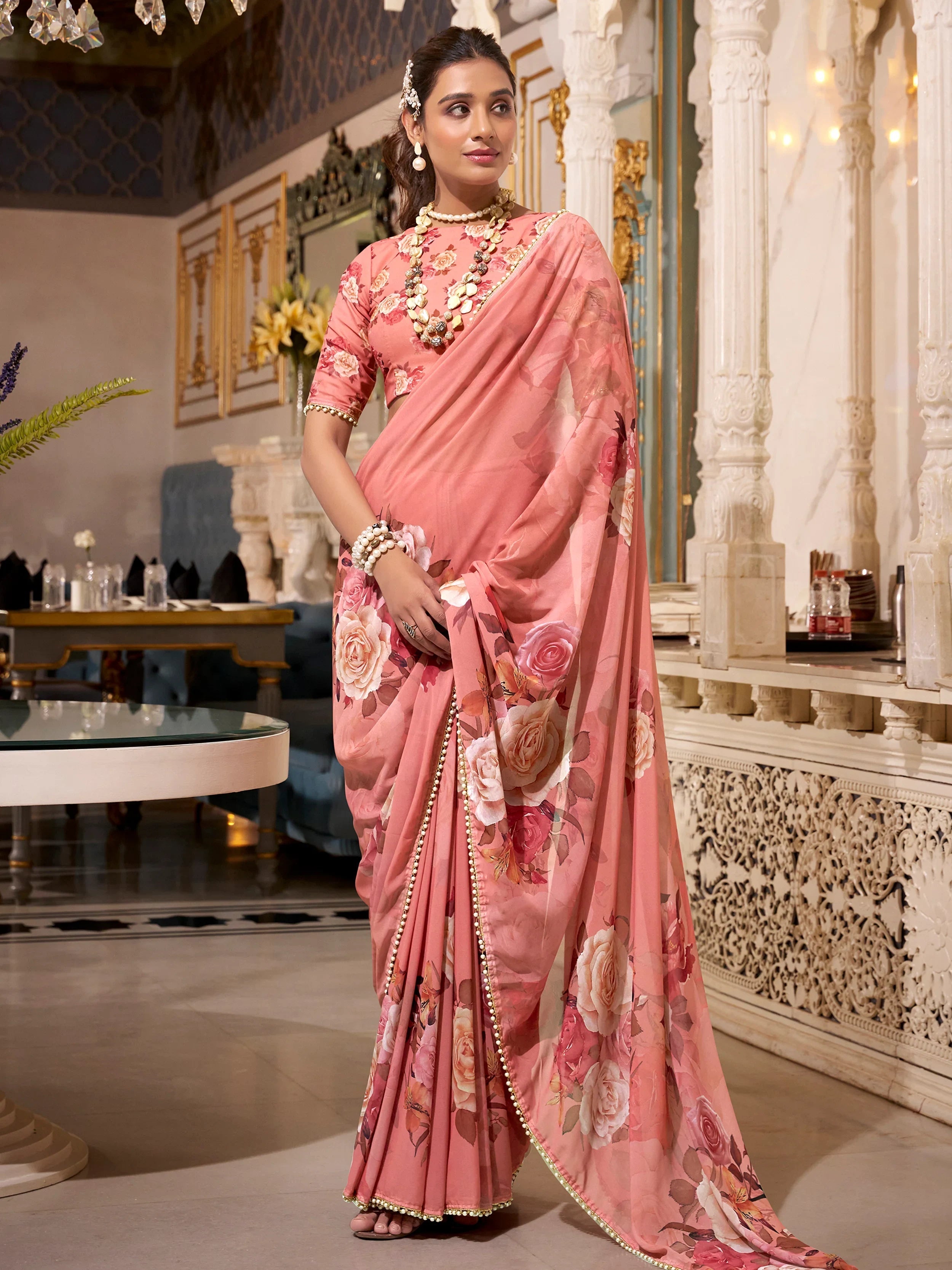 Orange Georgette Printed Casual Wear Saree