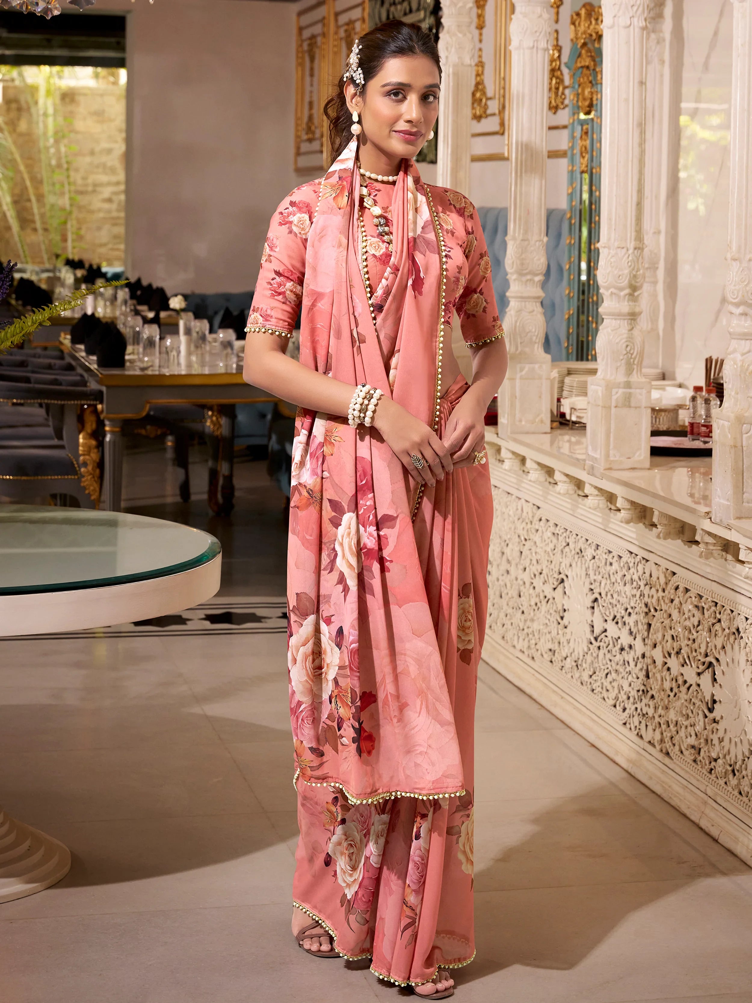 Orange Georgette Printed Casual Wear Saree