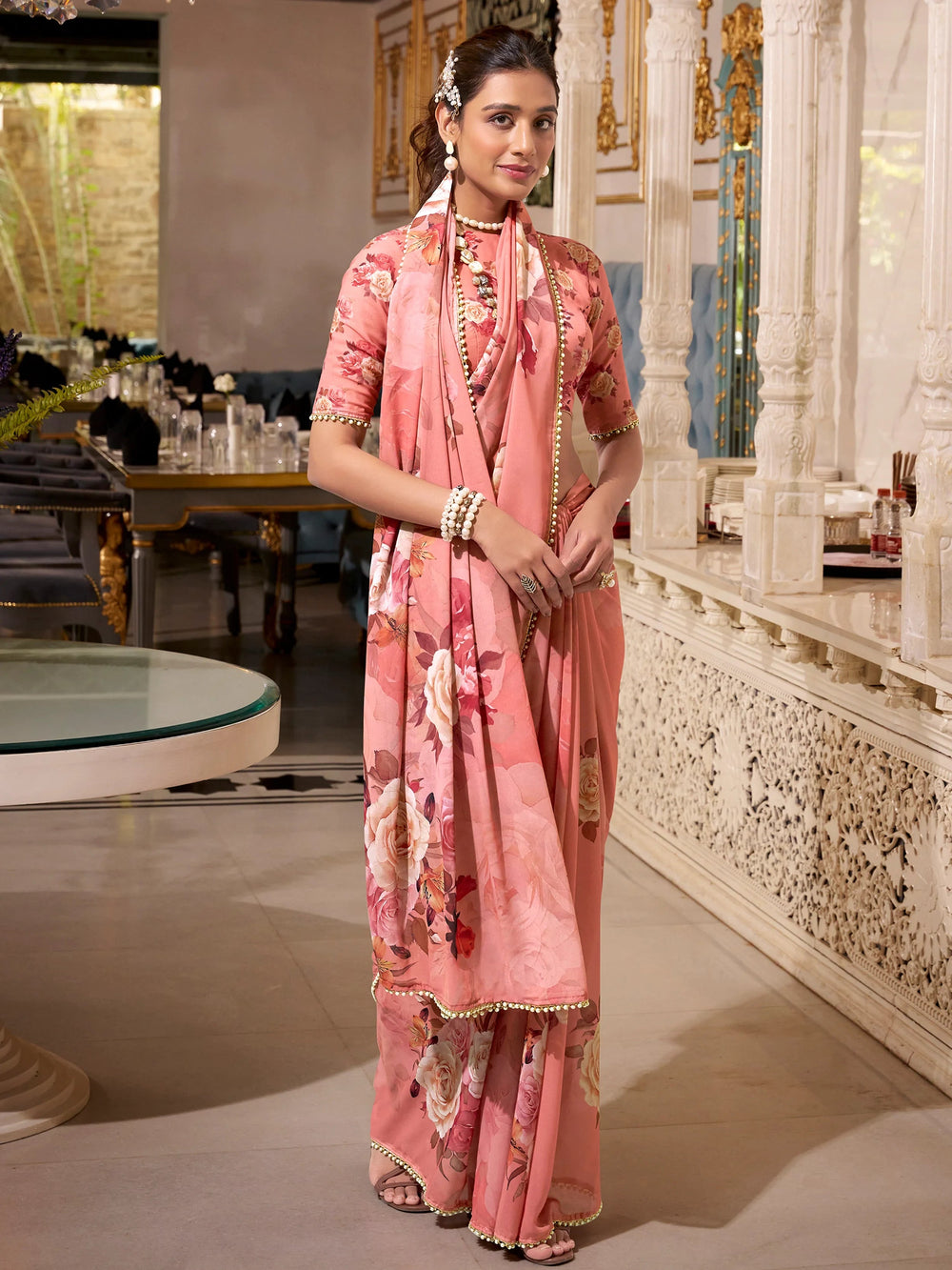 Orange Georgette Printed Casual Wear Saree