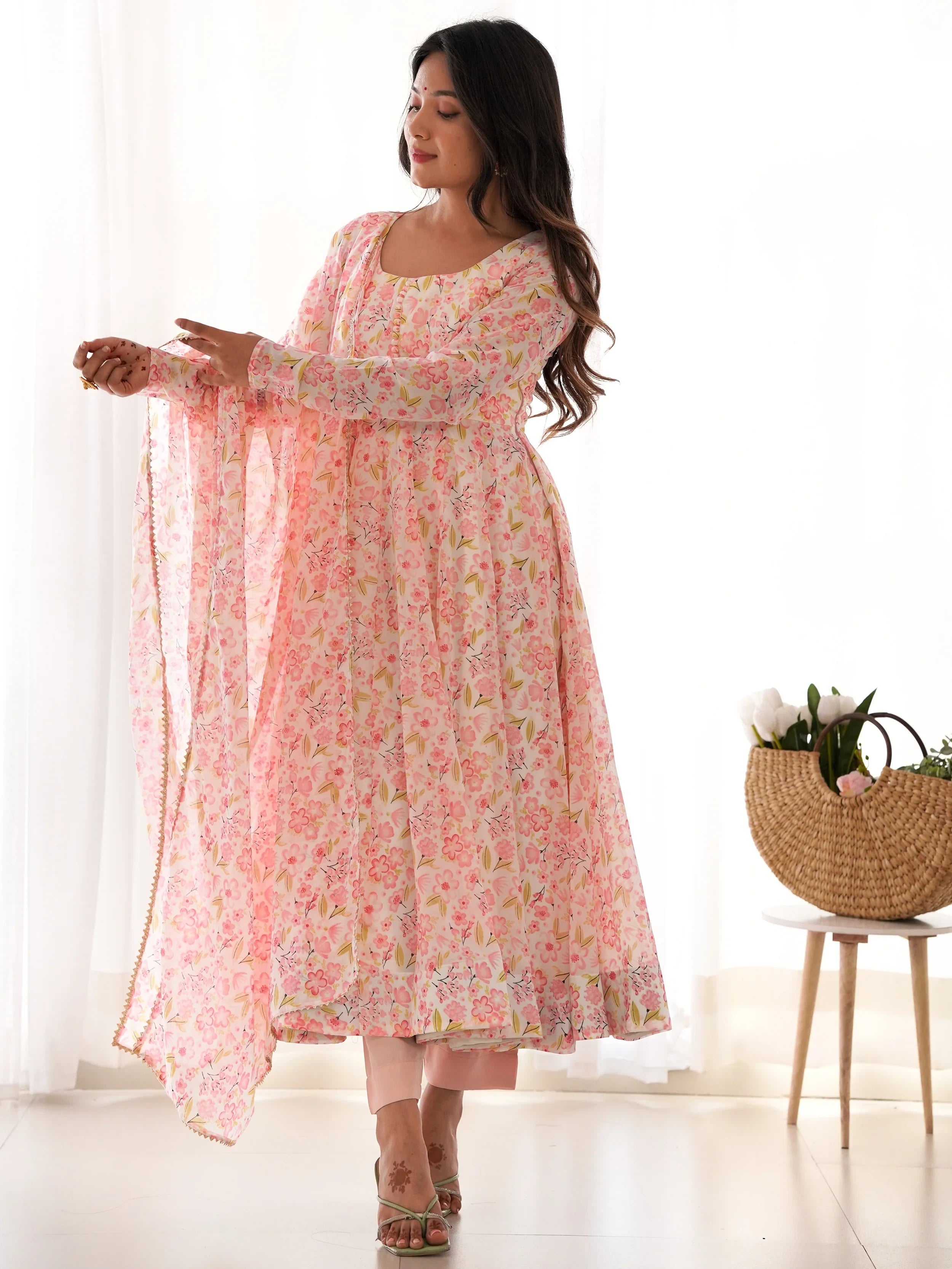 Peach Chiffon Floral Printed Casual Wear Anarkali Suit for Women