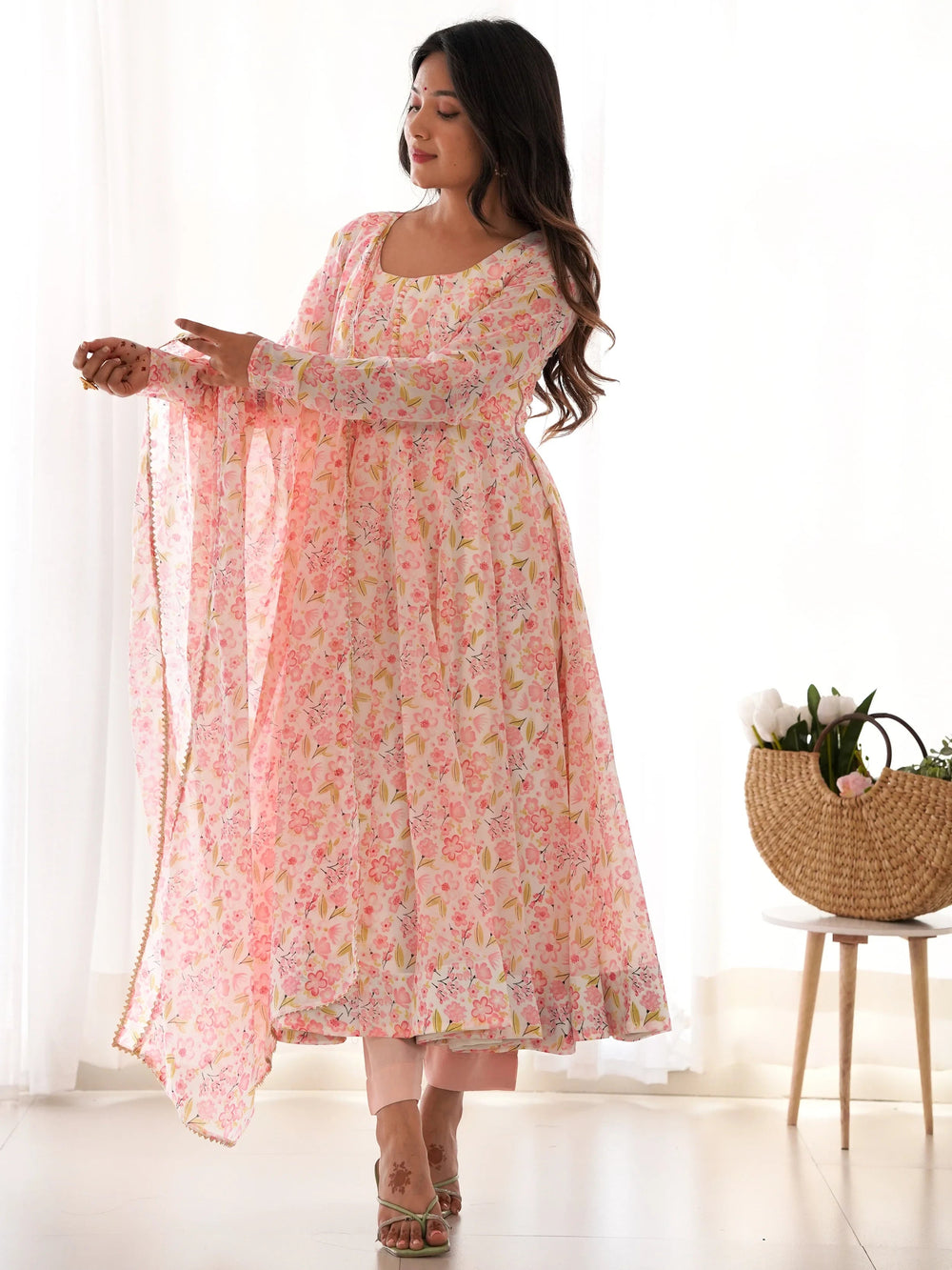 Peach Chiffon Floral Printed Casual Wear Anarkali Suit for Women