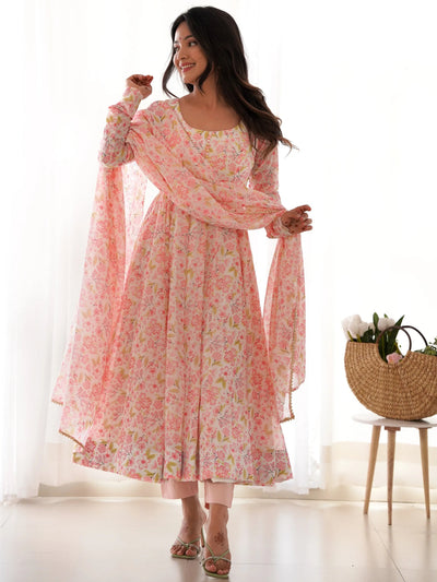 Peach Chiffon Floral Printed Casual Wear Anarkali Suit for Women