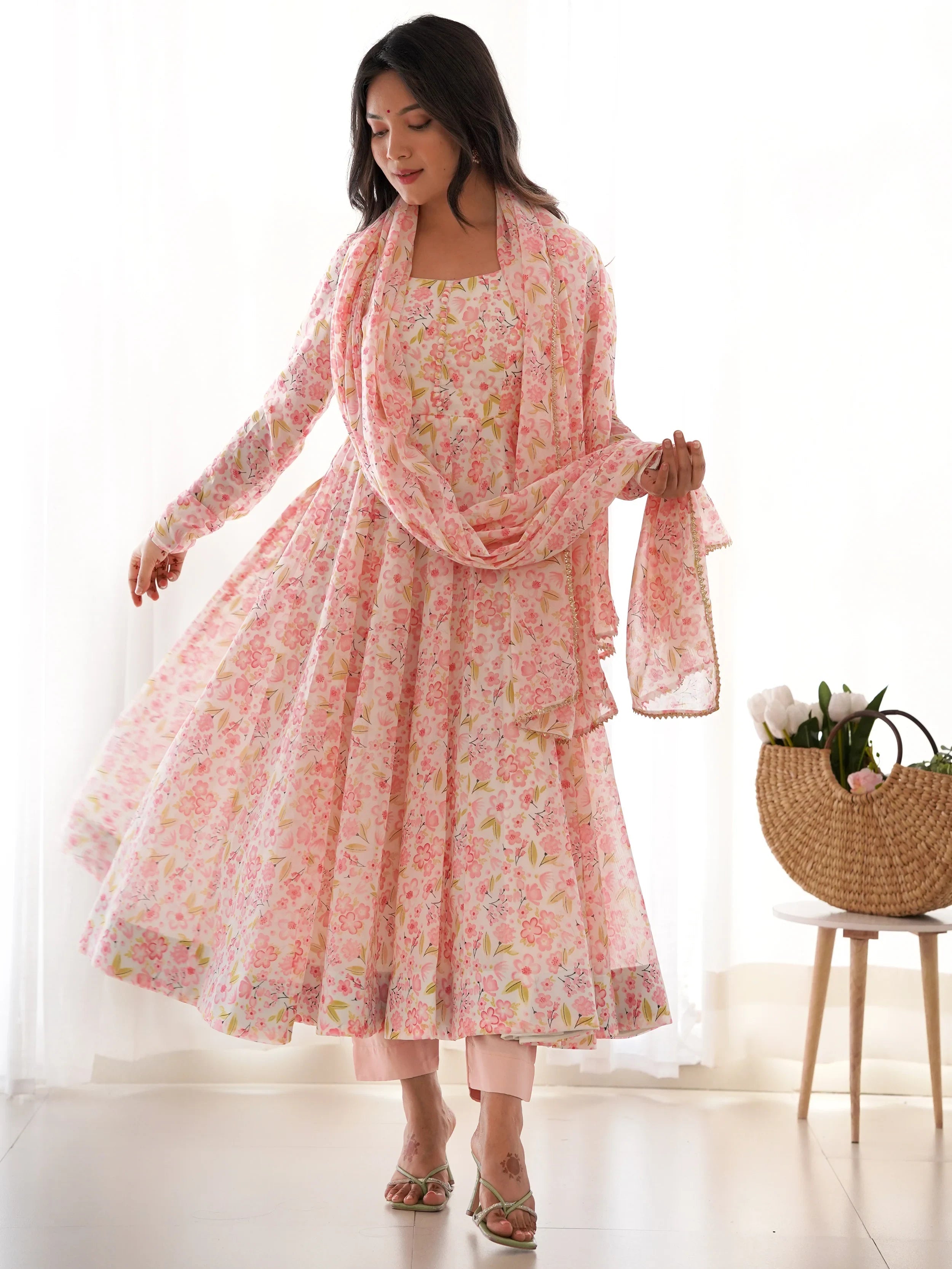 Peach Chiffon Floral Printed Casual Wear Anarkali Suit for Women