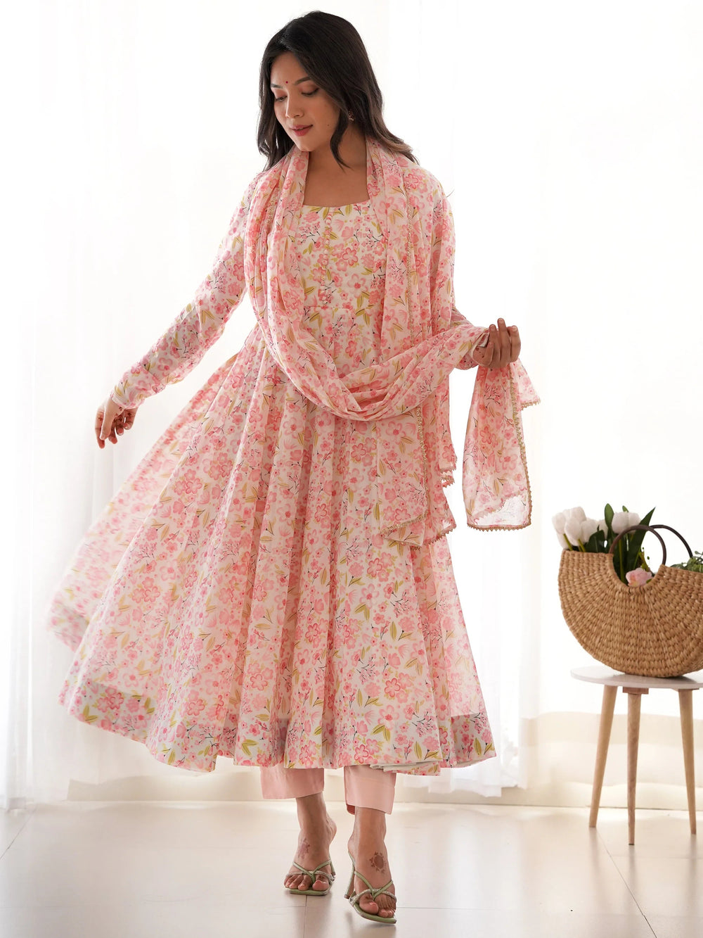 Peach Chiffon Floral Printed Casual Wear Anarkali Suit for Women