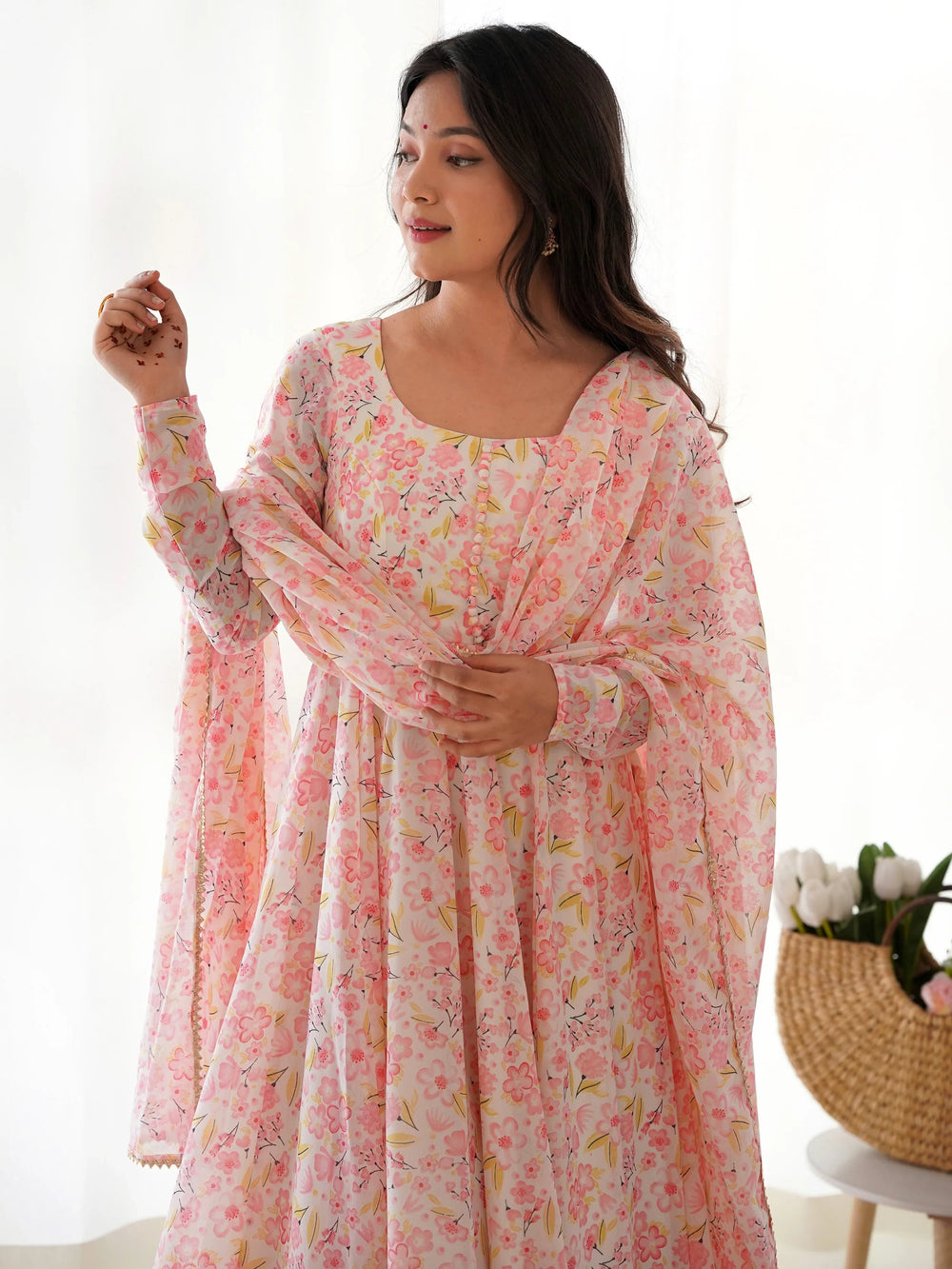 Peach Chiffon Floral Printed Casual Wear Anarkali Suit for Women
