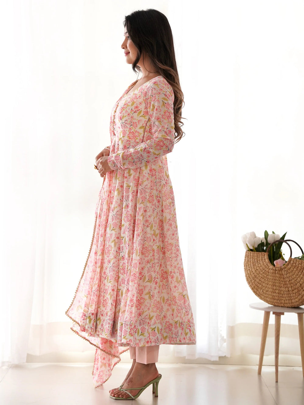Peach Chiffon Floral Printed Casual Wear Anarkali Suit for Women