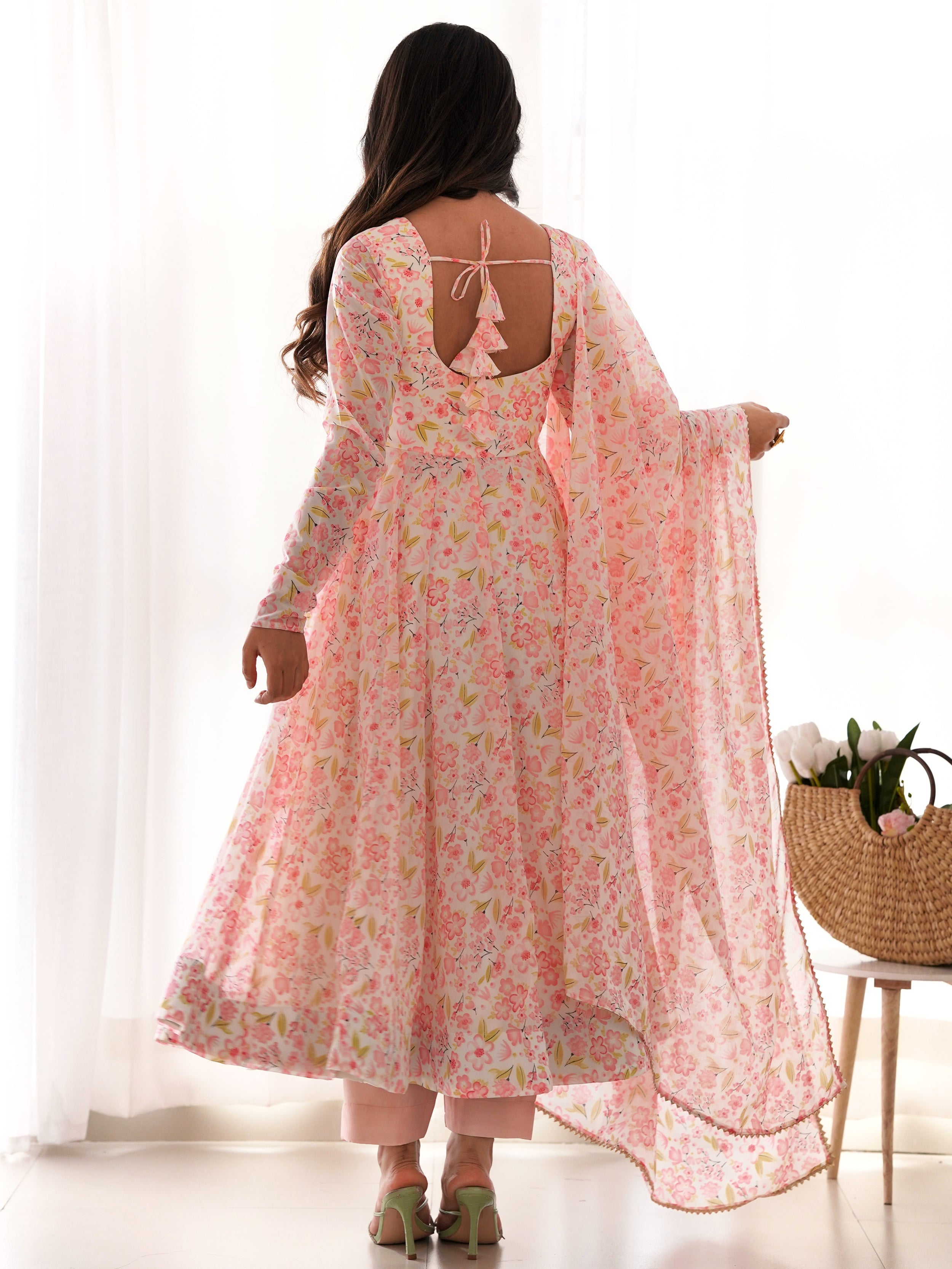 Peach Chiffon Floral Printed Casual Wear Anarkali Suit for Women