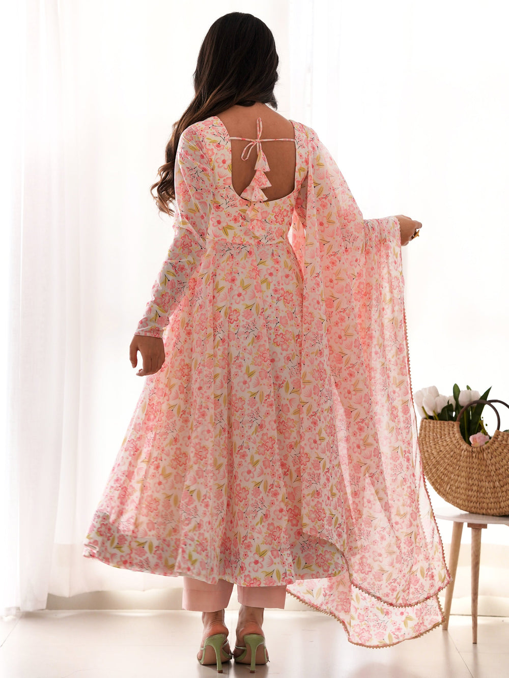 Peach Chiffon Floral Printed Casual Wear Anarkali Suit for Women