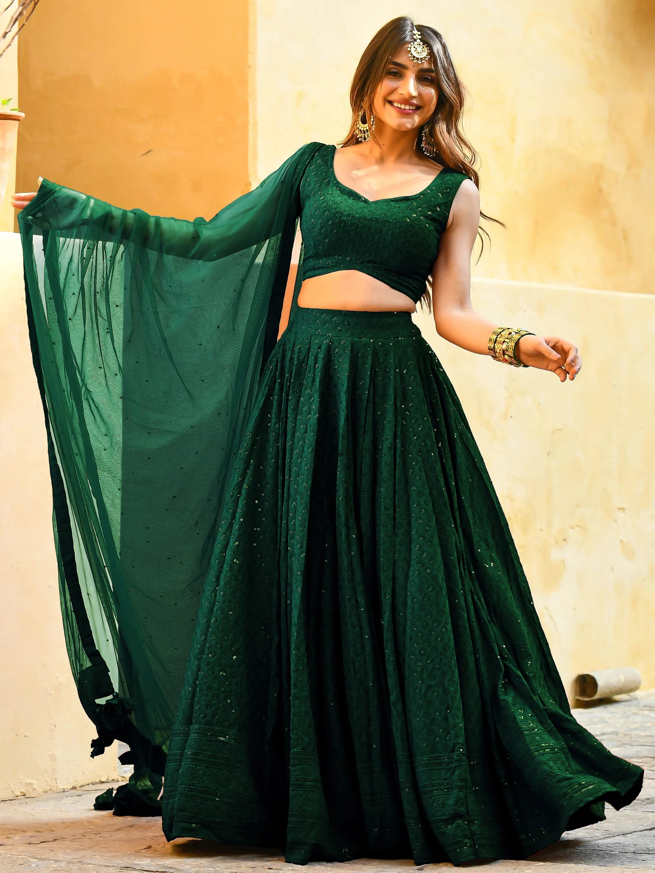 Sequins georgette lehenga choli with thread embroidery for wedding and sangeet occasions