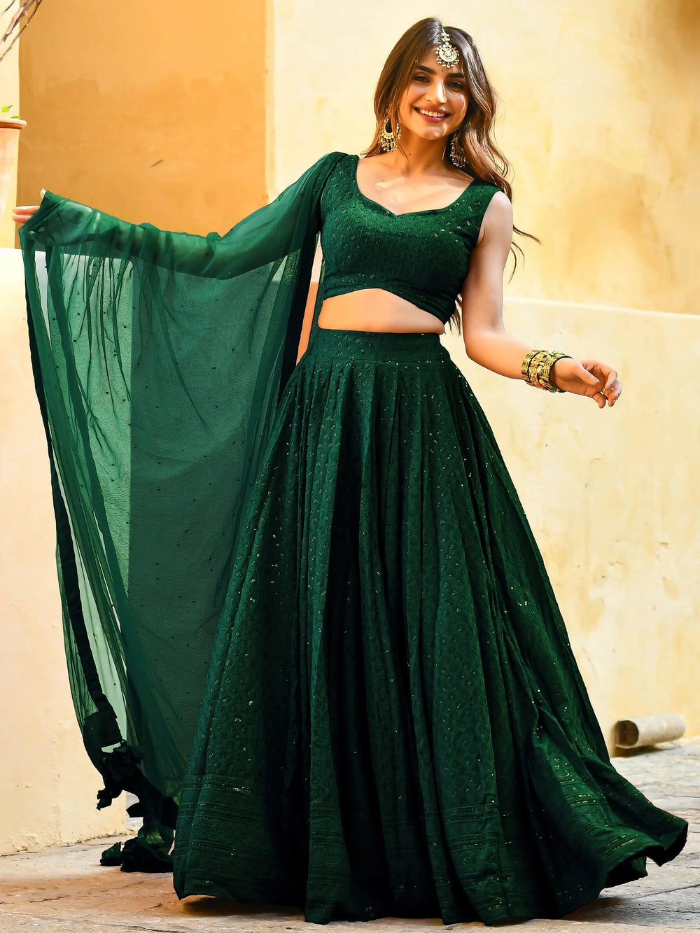 Sequins georgette lehenga choli with thread embroidery for wedding and sangeet occasions