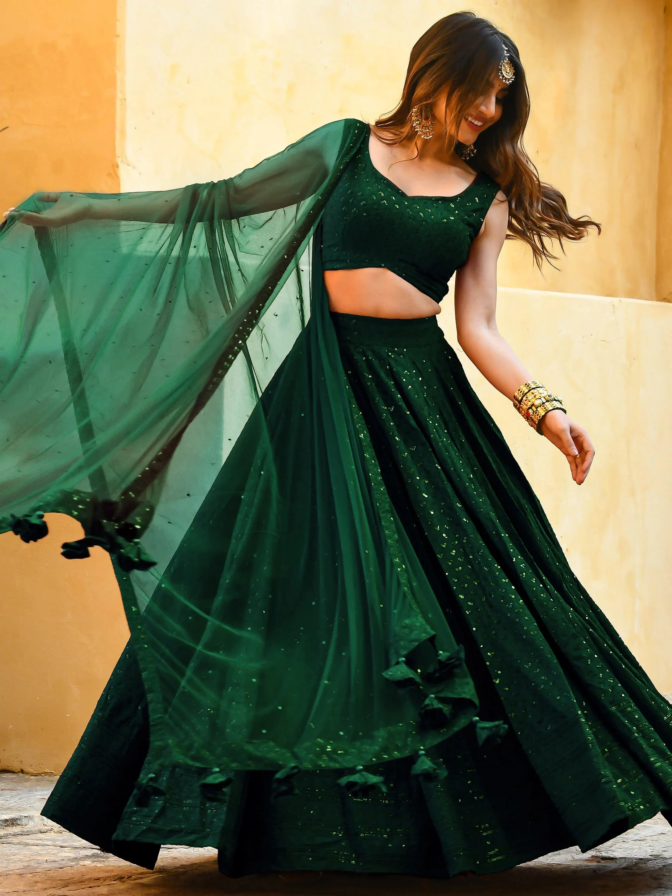 Sequins georgette lehenga choli with thread embroidery for wedding and sangeet occasions