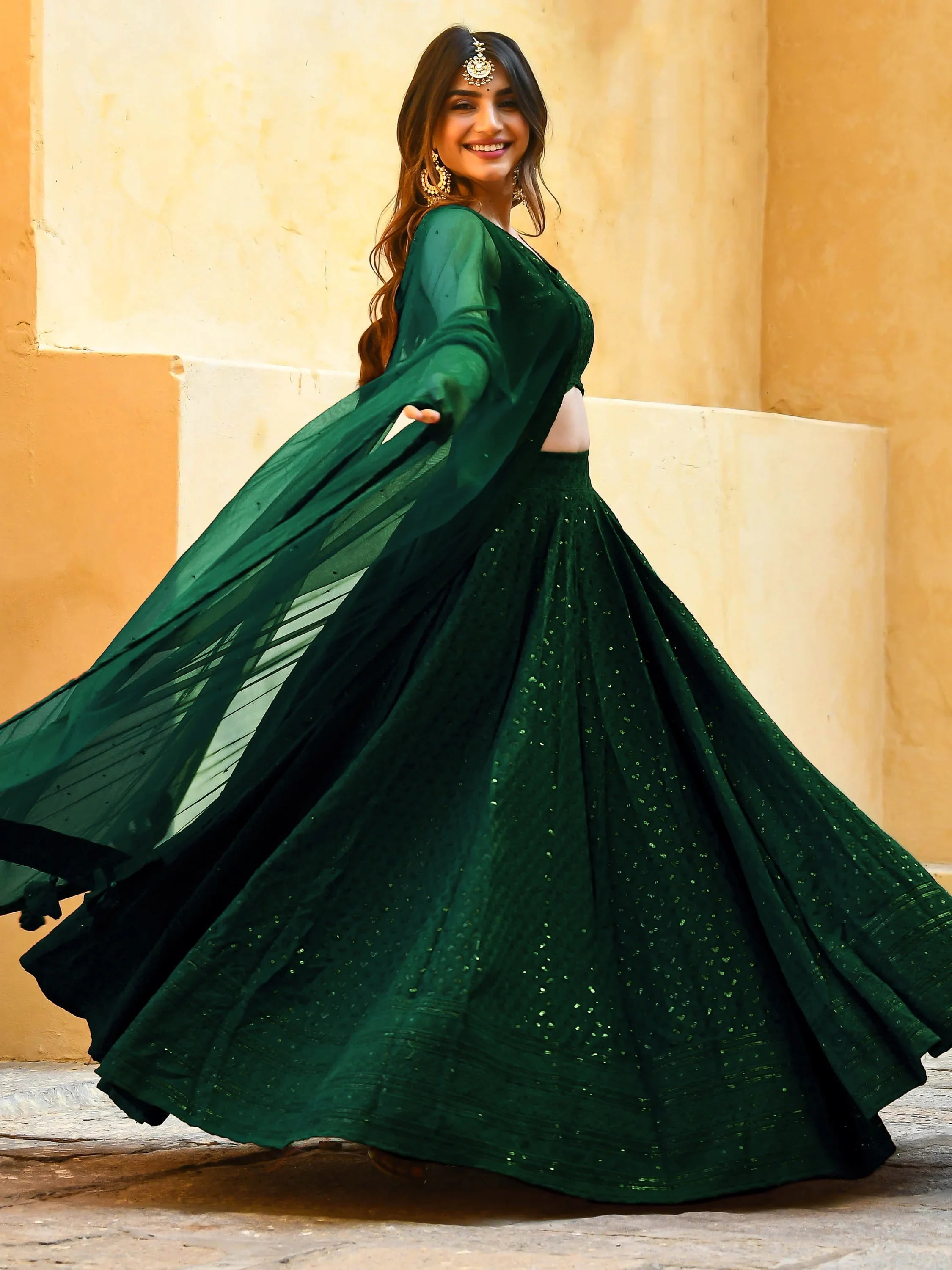 Sequins georgette lehenga choli with thread embroidery for wedding and sangeet occasions