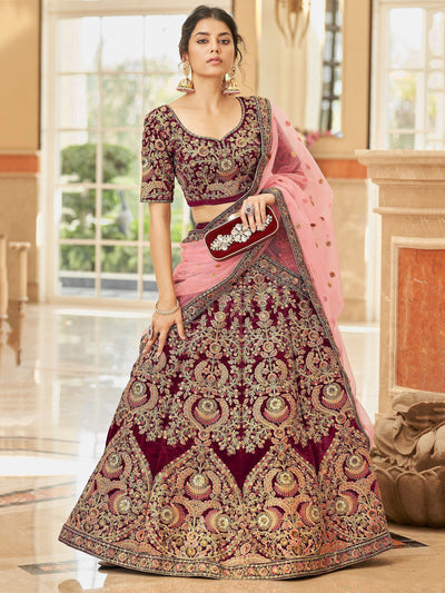 Maroon Embroidered Velvet Bridal Lehenga Choli Occasion Wear