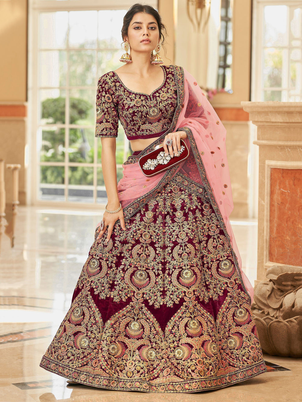 Maroon Embroidered Velvet Bridal Lehenga Choli Occasion Wear
