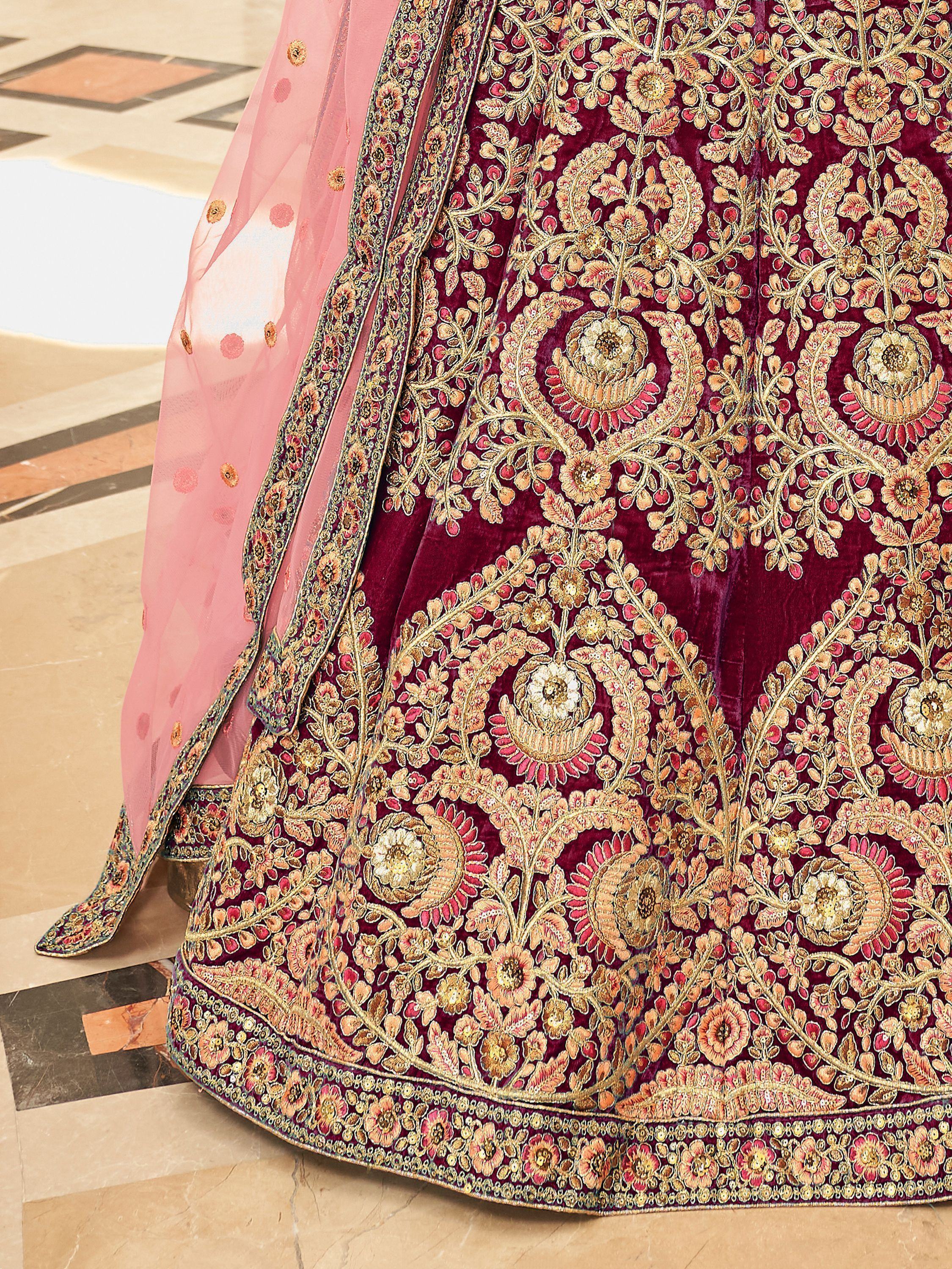 Maroon Embroidered Velvet Bridal Lehenga Choli Occasion Wear