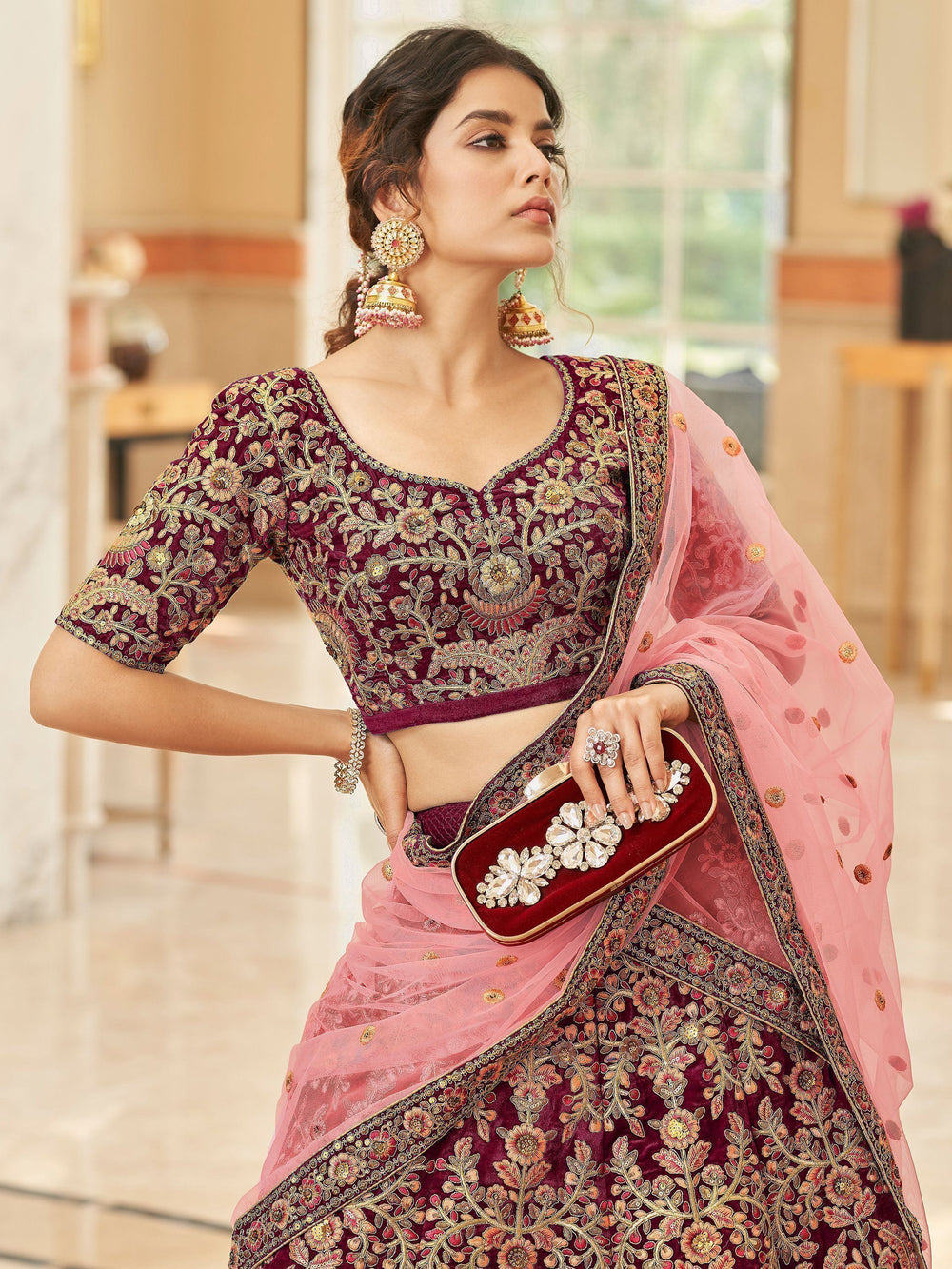 Maroon Embroidered Velvet Bridal Lehenga Choli Occasion Wear